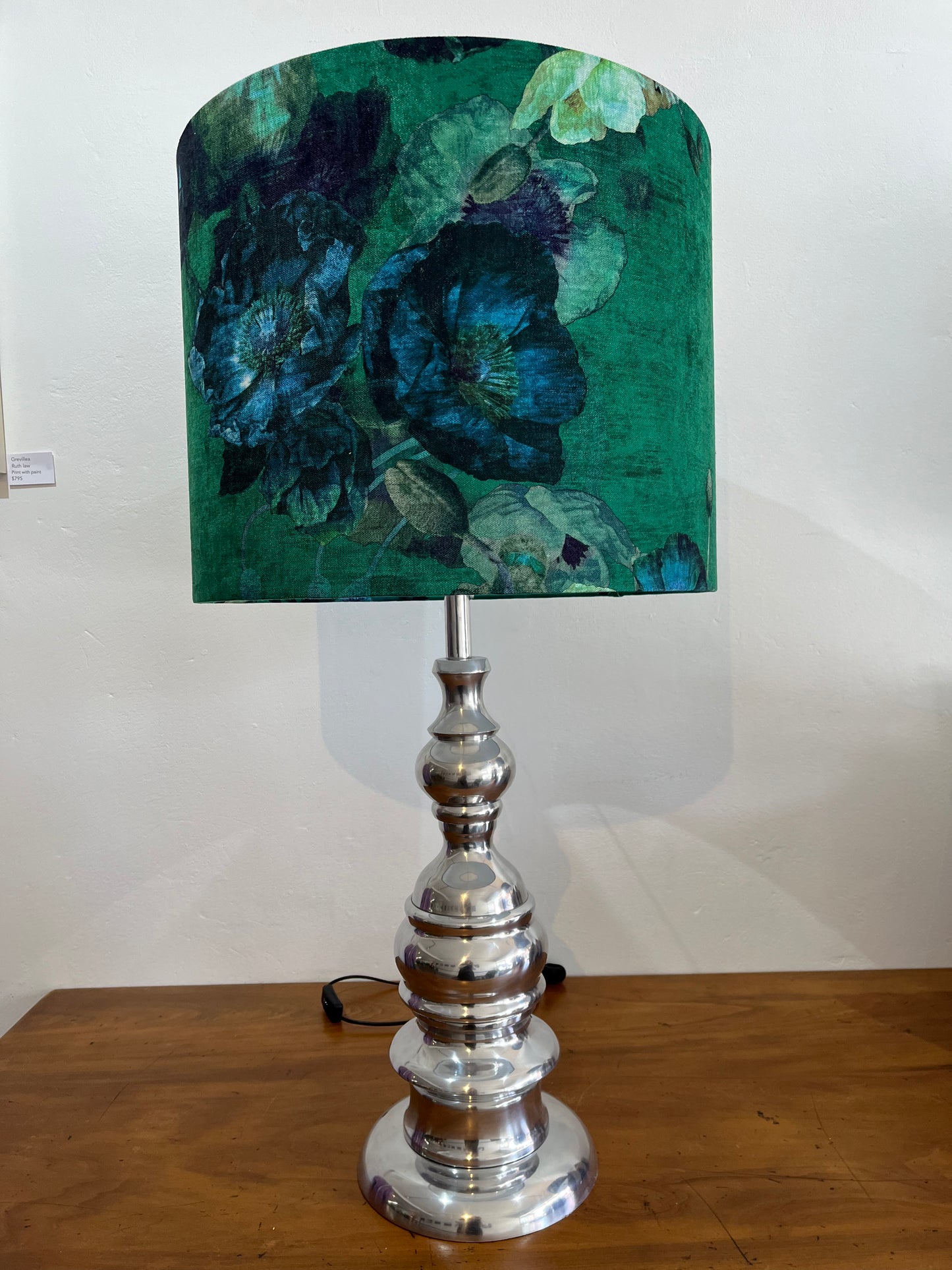 Lamp-large chrome base/Bed of Jade Poppies shade