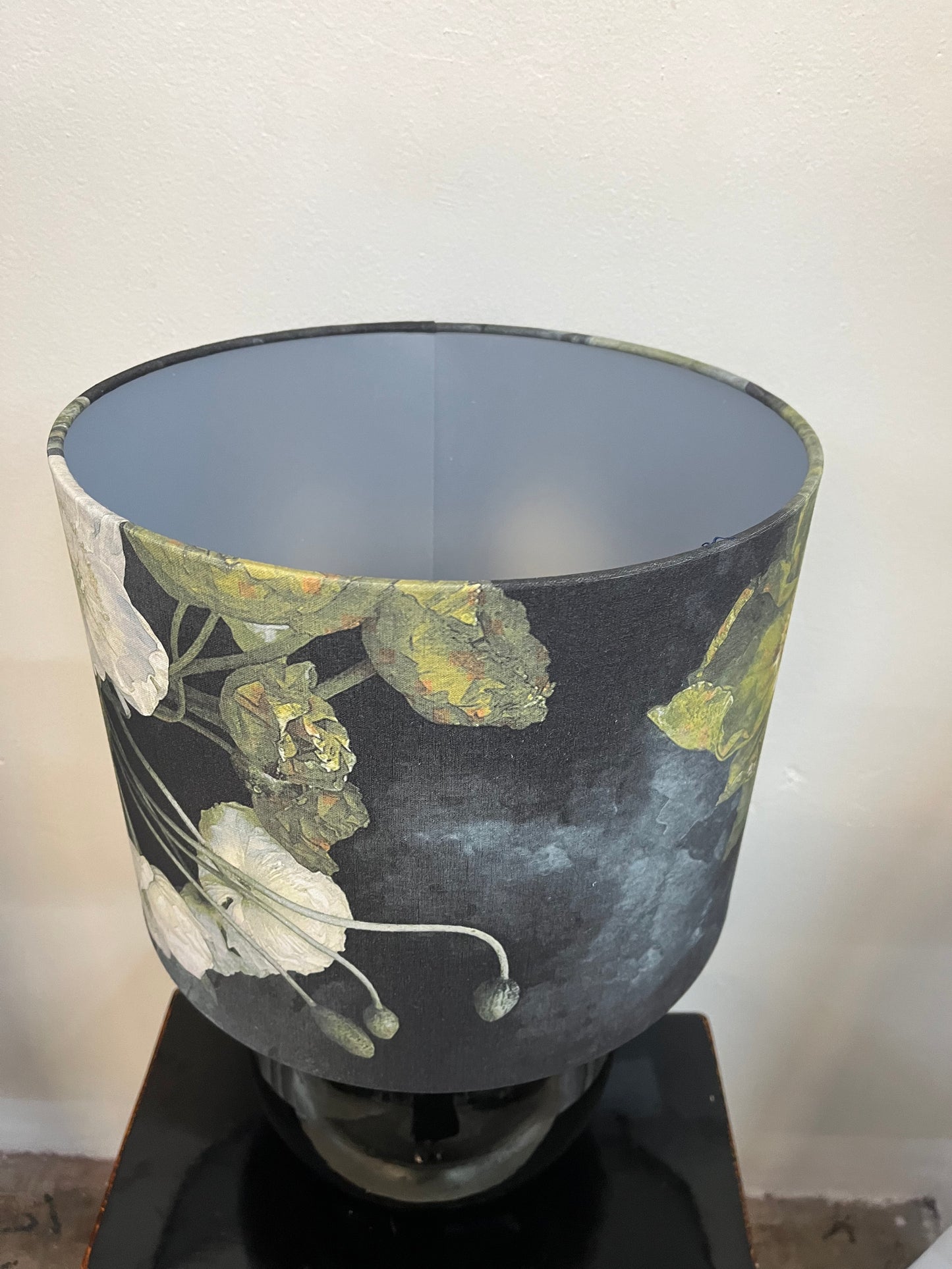 MS CHIEF DESIGNS Small Black Sphere Lamp with Sulphur Poppies Silver Foil Shade