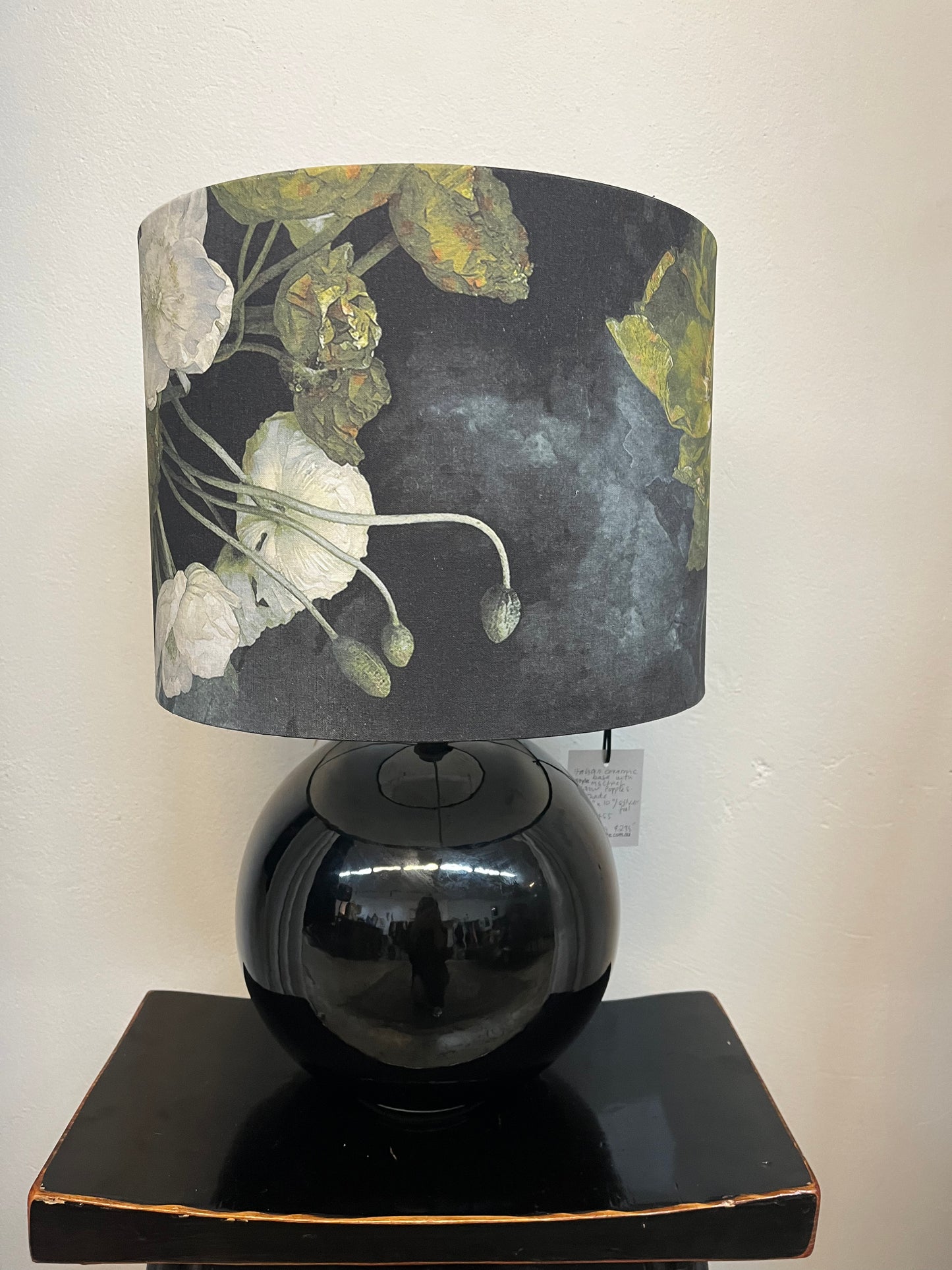 MS CHIEF DESIGNS Small Black Sphere Lamp with Sulphur Poppies Silver Foil Shade