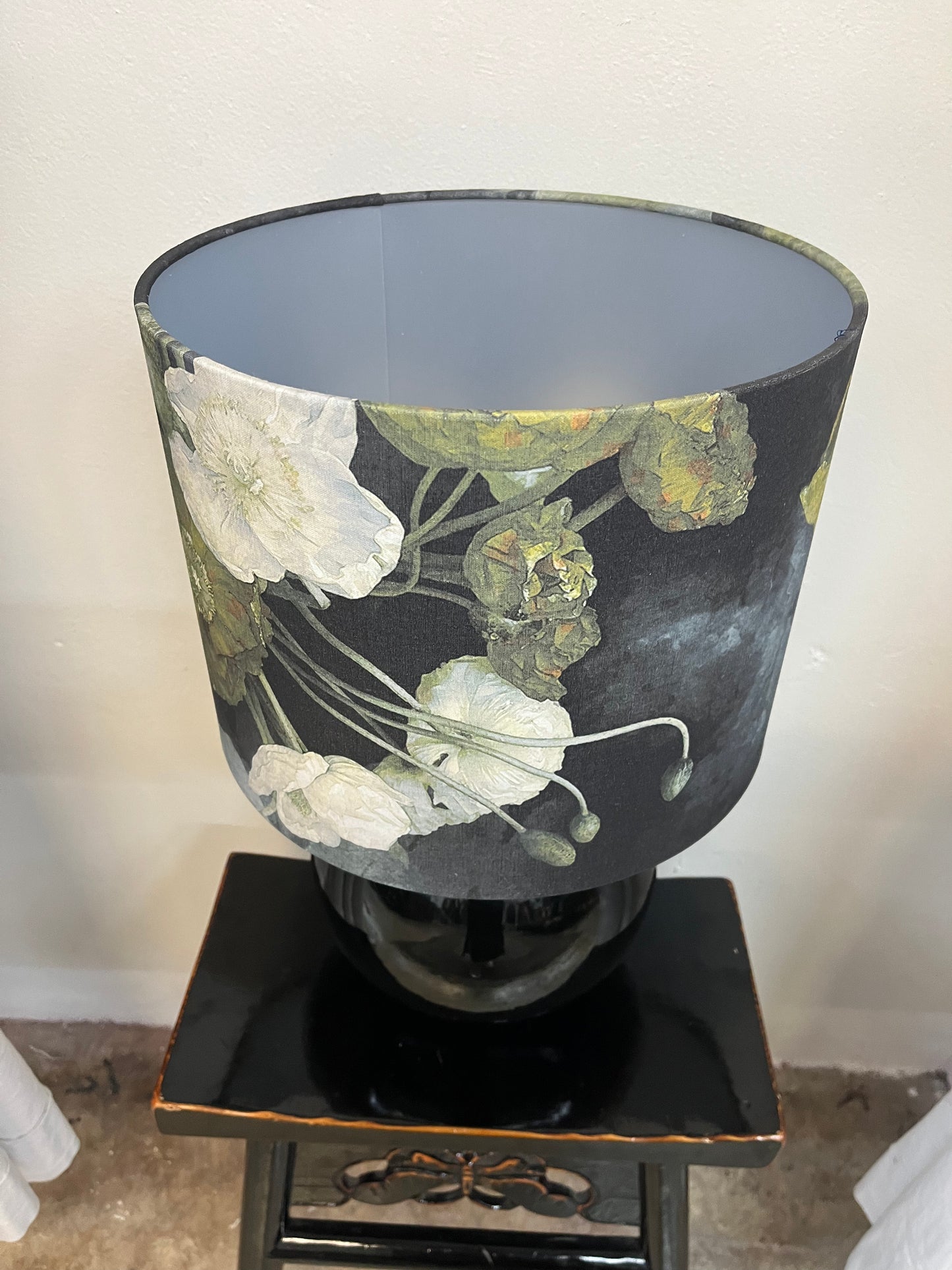 MS CHIEF DESIGNS Small Black Sphere Lamp with Sulphur Poppies Silver Foil Shade