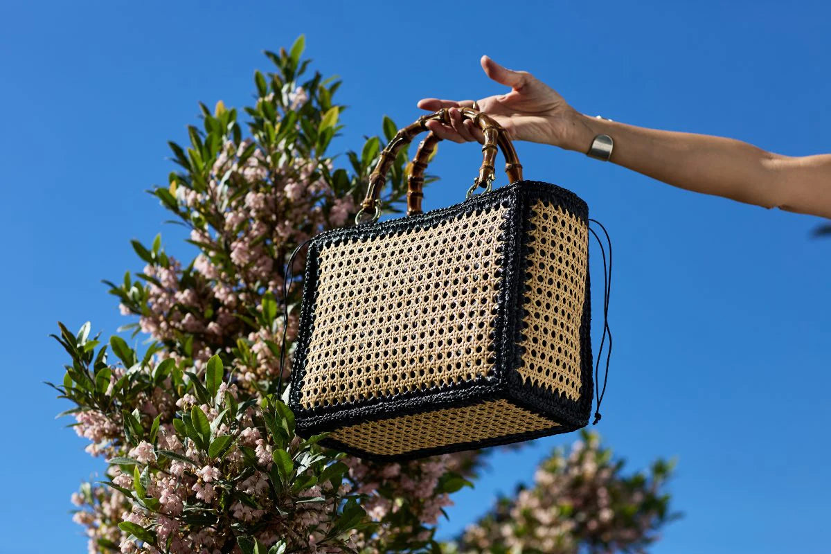 BIDINIS Rattan tote with bamboo handles Black trim