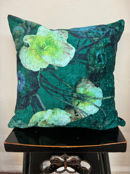 MS CHIEF DESIGNS Chenille Cushion in Bed of Jade Poppies