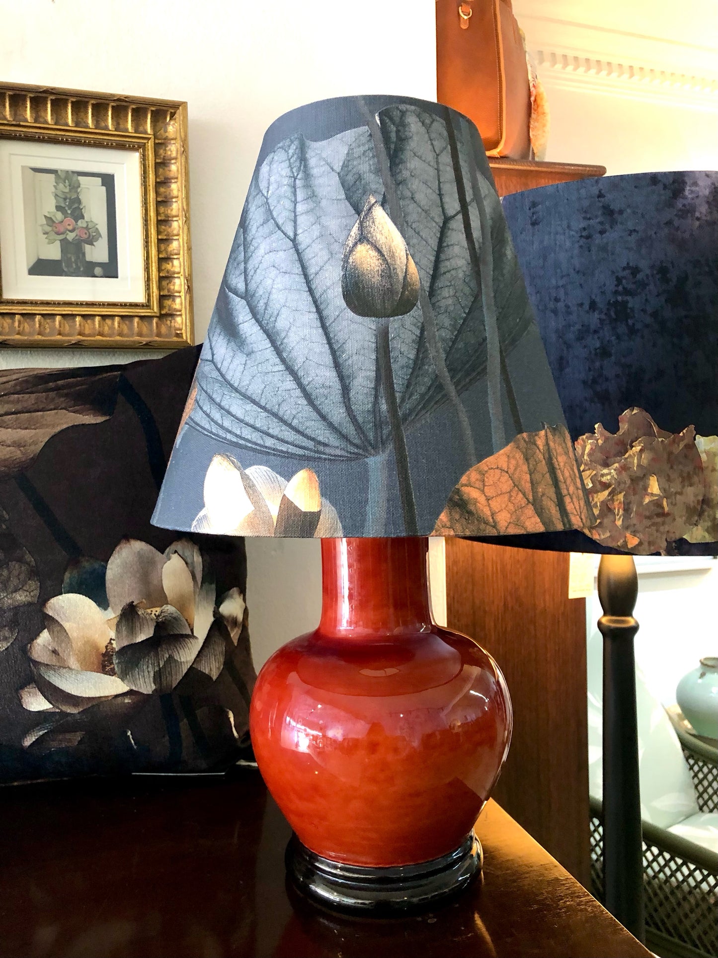 MS CHIEF DESIGNS Small Italian Ceramic Base with conical Lotus Morning Linen Shade