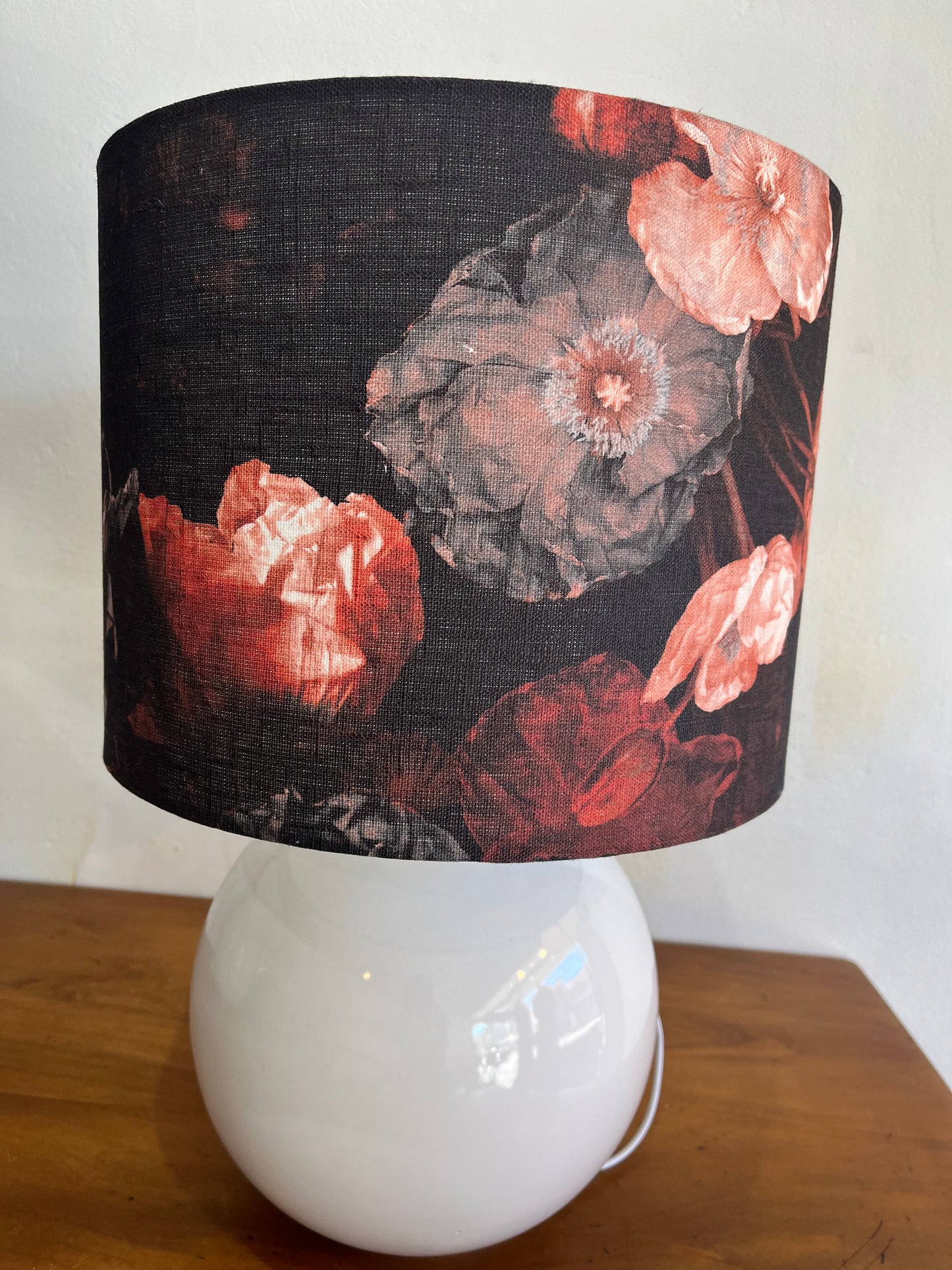 MS CHIEF DESIGNS Small White Sphere Lamp with Titian Poppies Shade