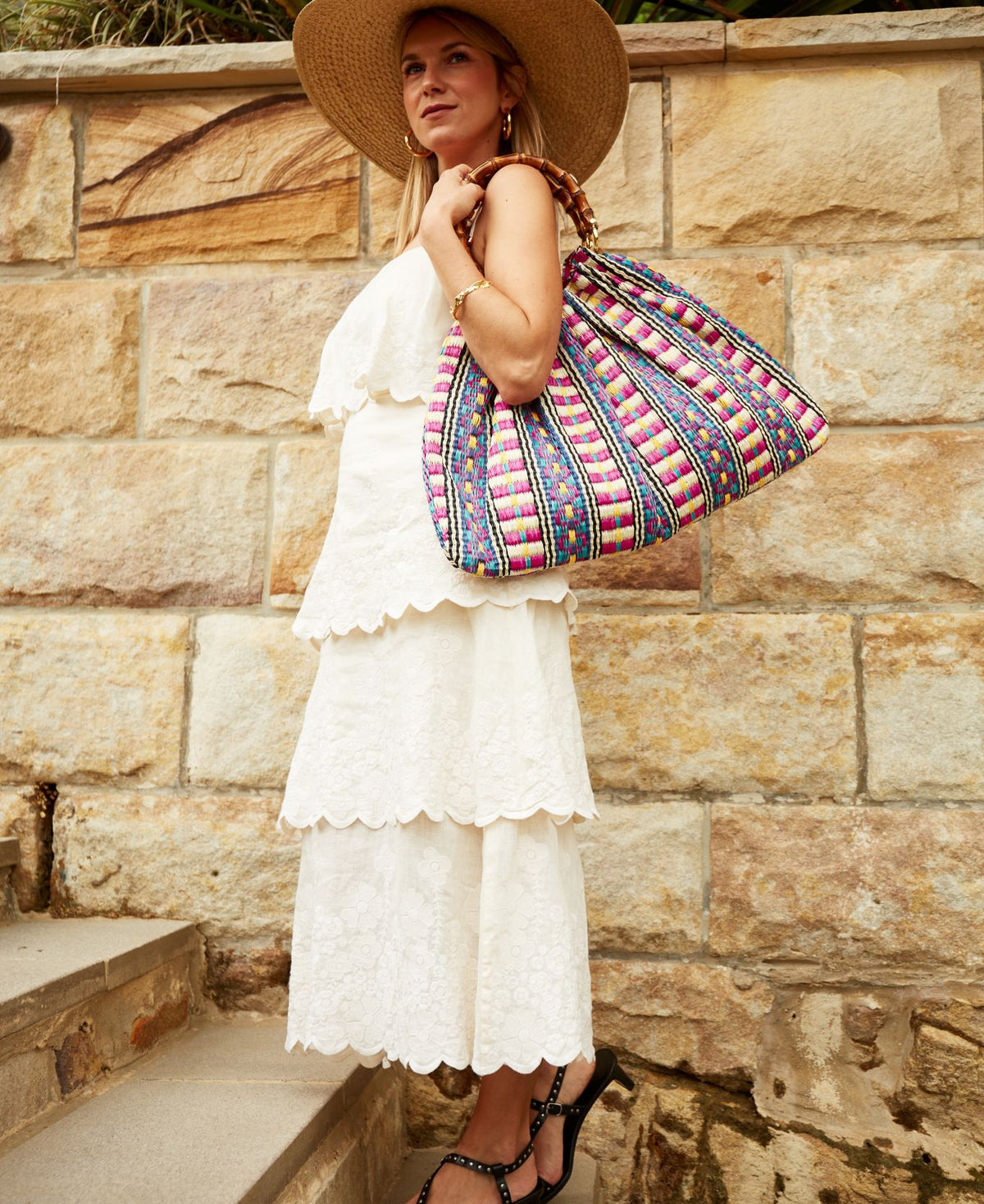 BIDINIS Caterina Large Raffia Aztec Shopping Bag Pink