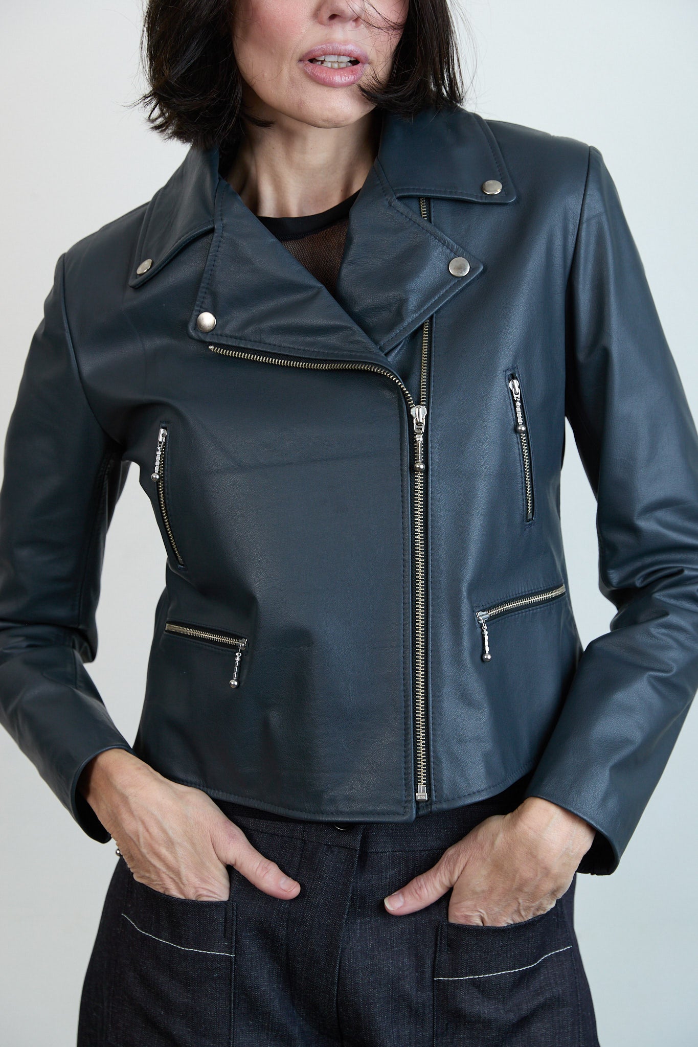 Leather Biker Jacket Blue grey