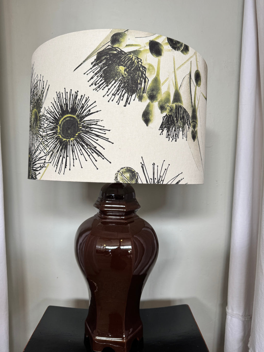 LAMP tall brown base with Kalypto Gilded shade.