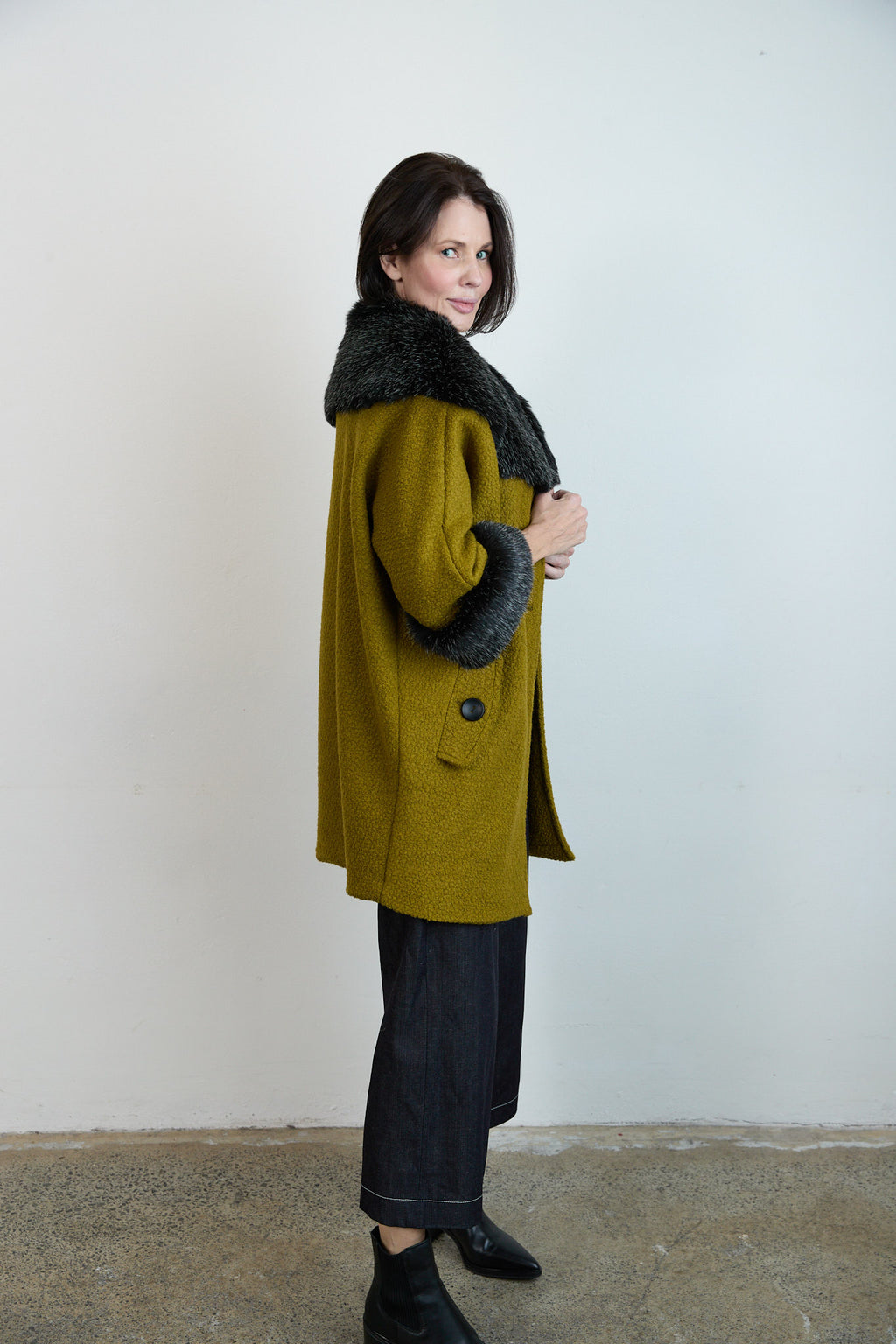 Anna Fur Trim Coat Chartreuse