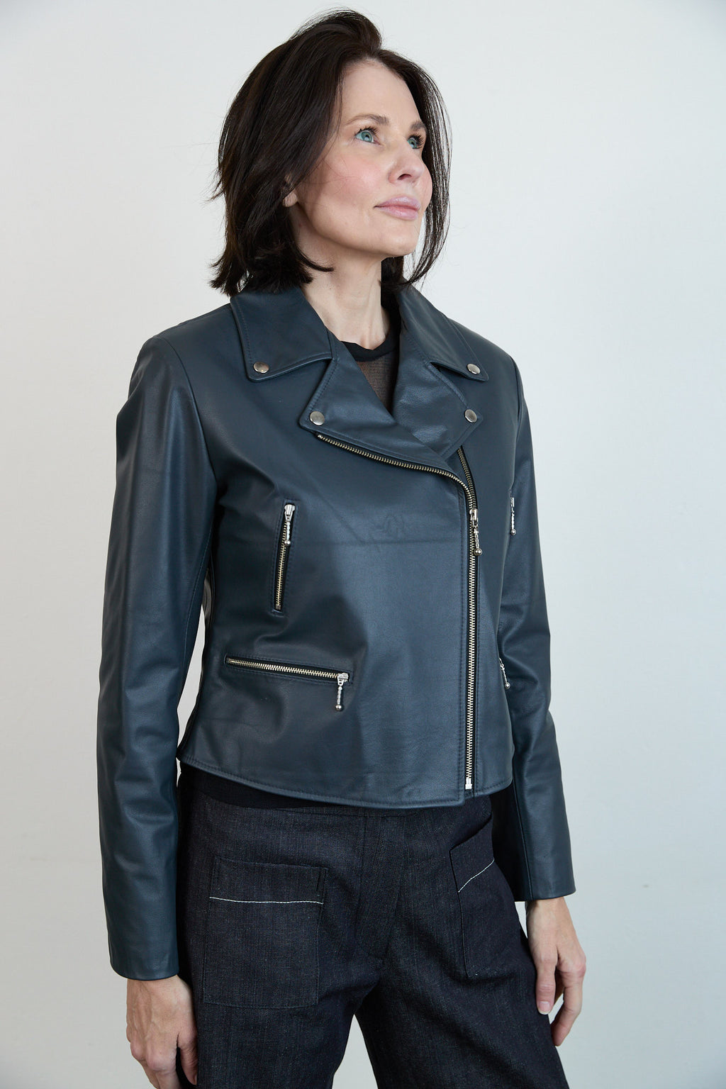 Leather Biker Jacket Blue grey