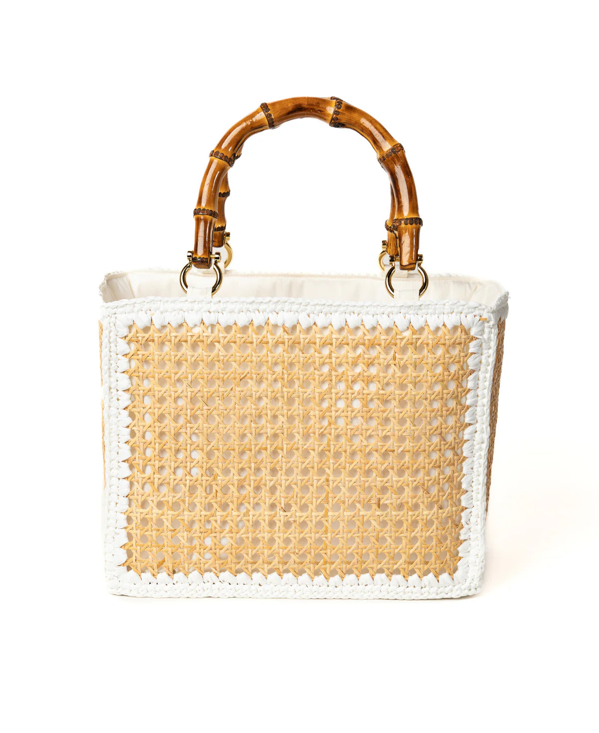 BIDINIS Rattan tote with bamboo handles White trim