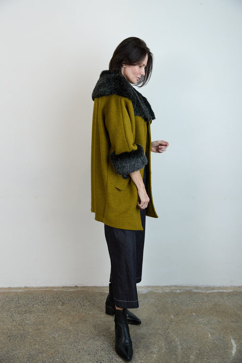 Anna Fur Trim Coat Chartreuse
