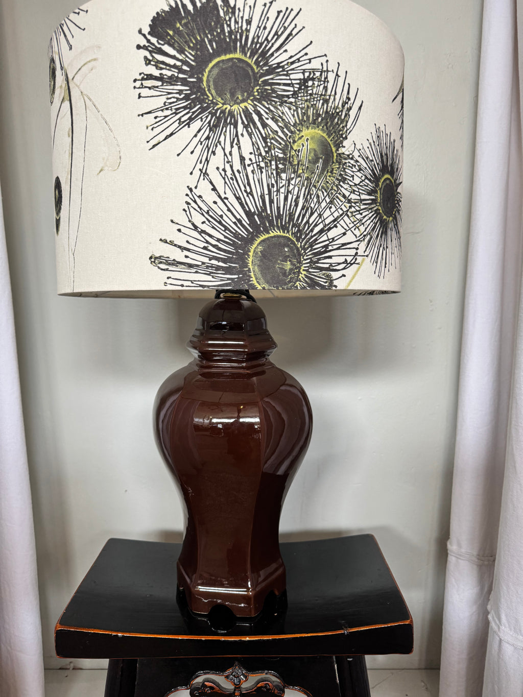 LAMP tall brown base with Kalypto Gilded shade.