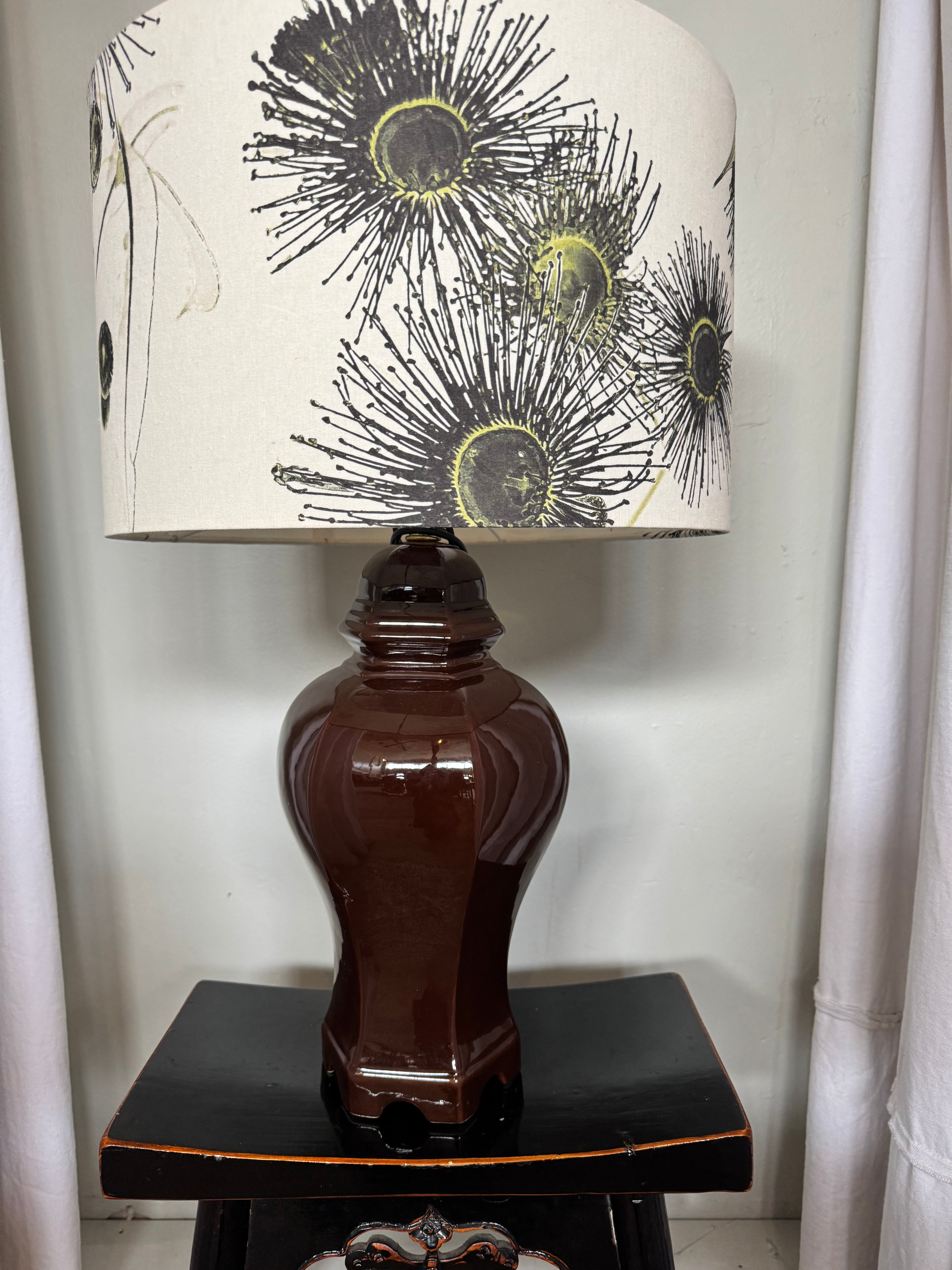 LAMP tall brown base with Kalypto Gilded shade.