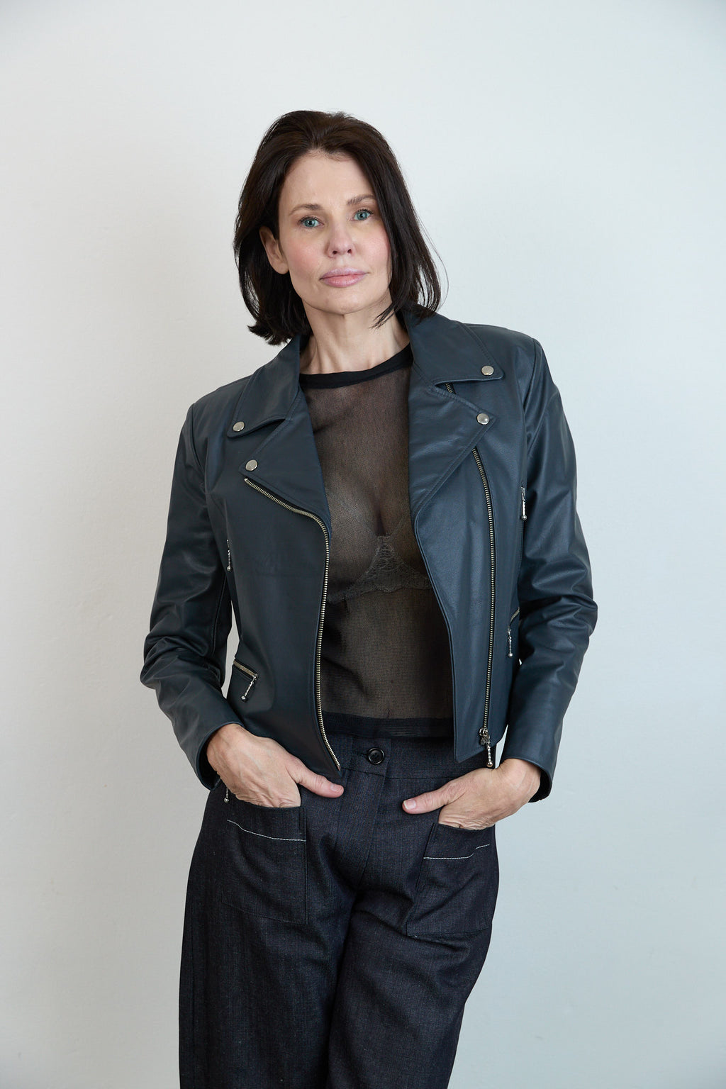 Leather Biker Jacket Blue grey