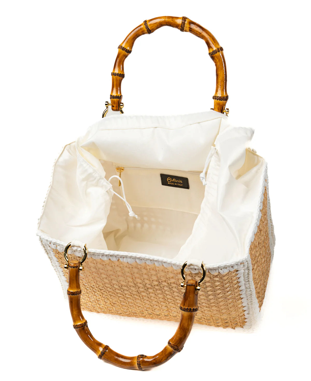 BIDINIS Rattan tote with bamboo handles White trim
