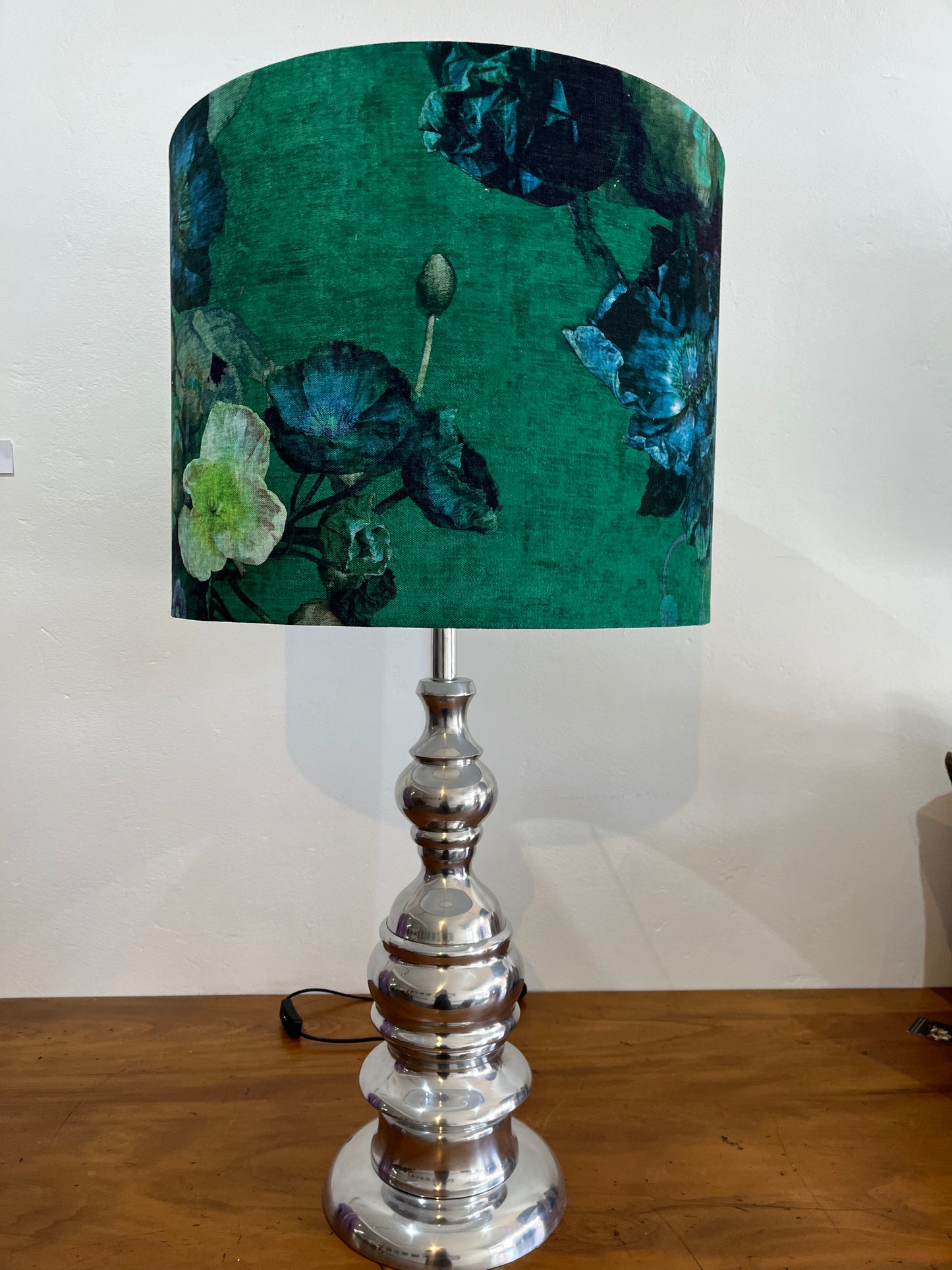 Lamp-large chrome base/Bed of Jade Poppies shade
