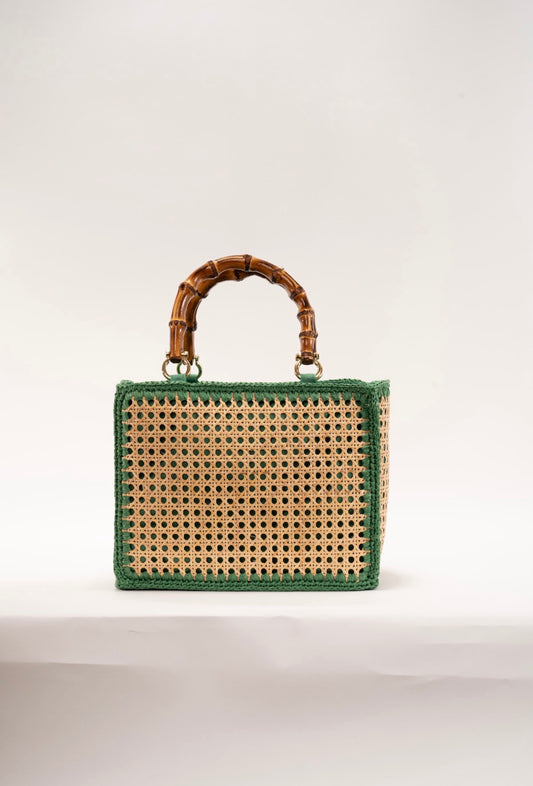 BIDINIS Rattan tote with bamboo handles Green trim