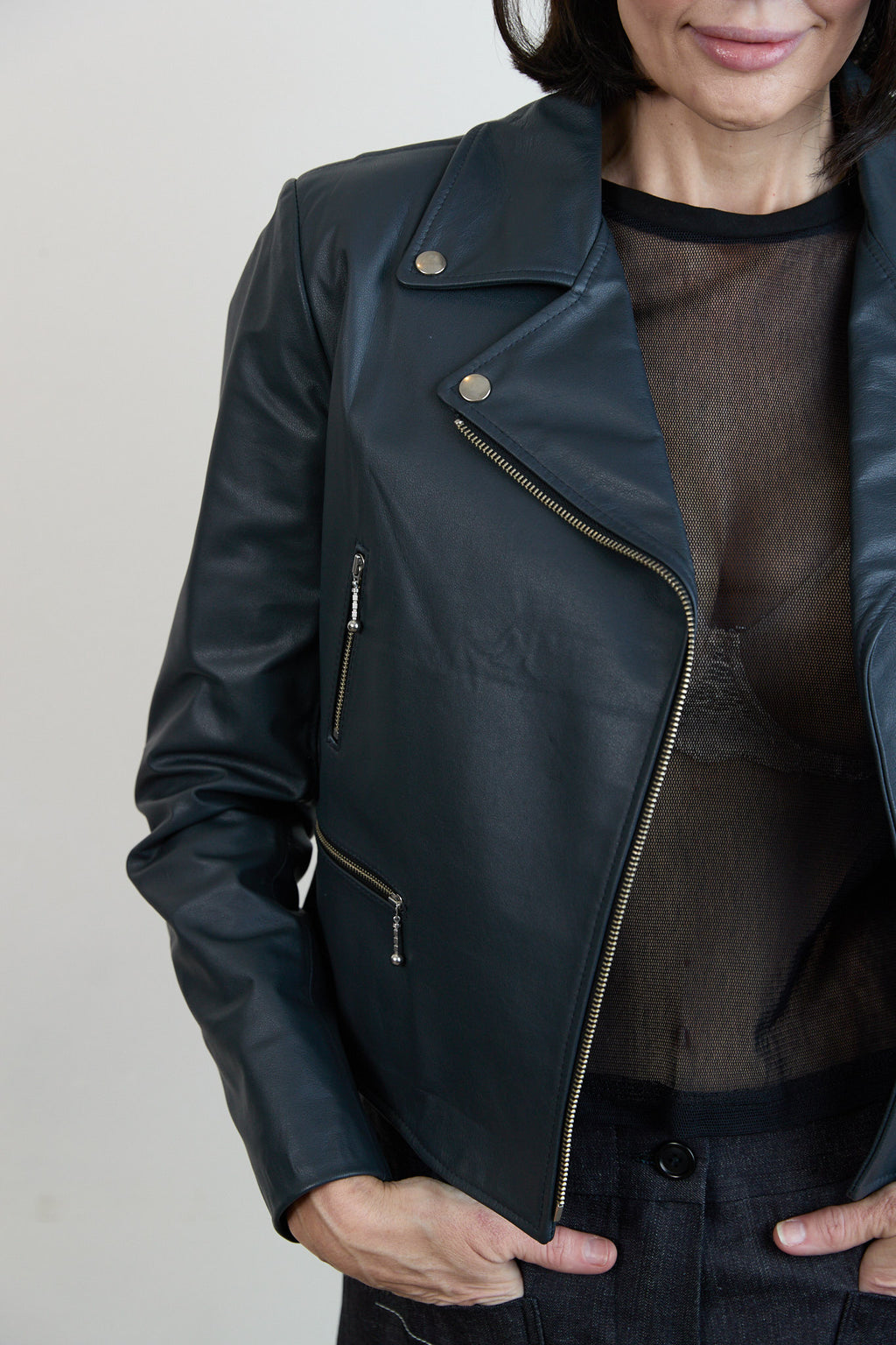 Leather Biker Jacket Blue grey