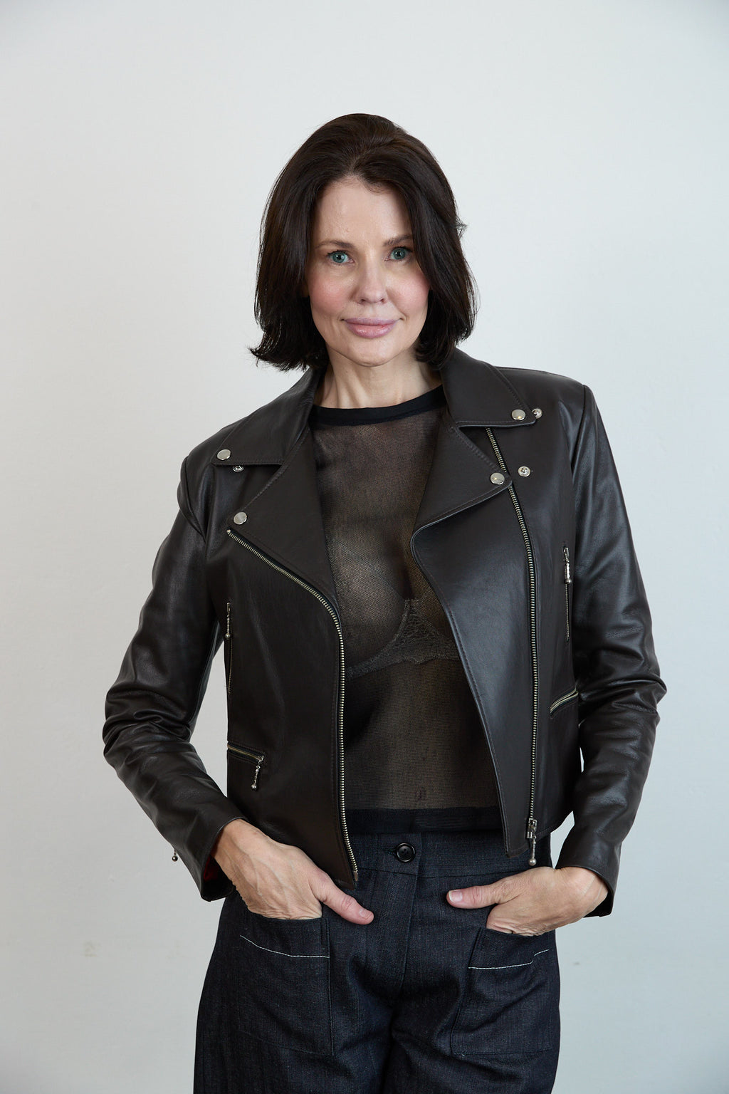 Leather Biker Jacket Blue grey