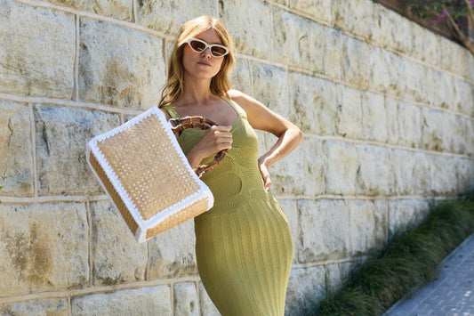 BIDINIS Rattan tote with bamboo handles White trim