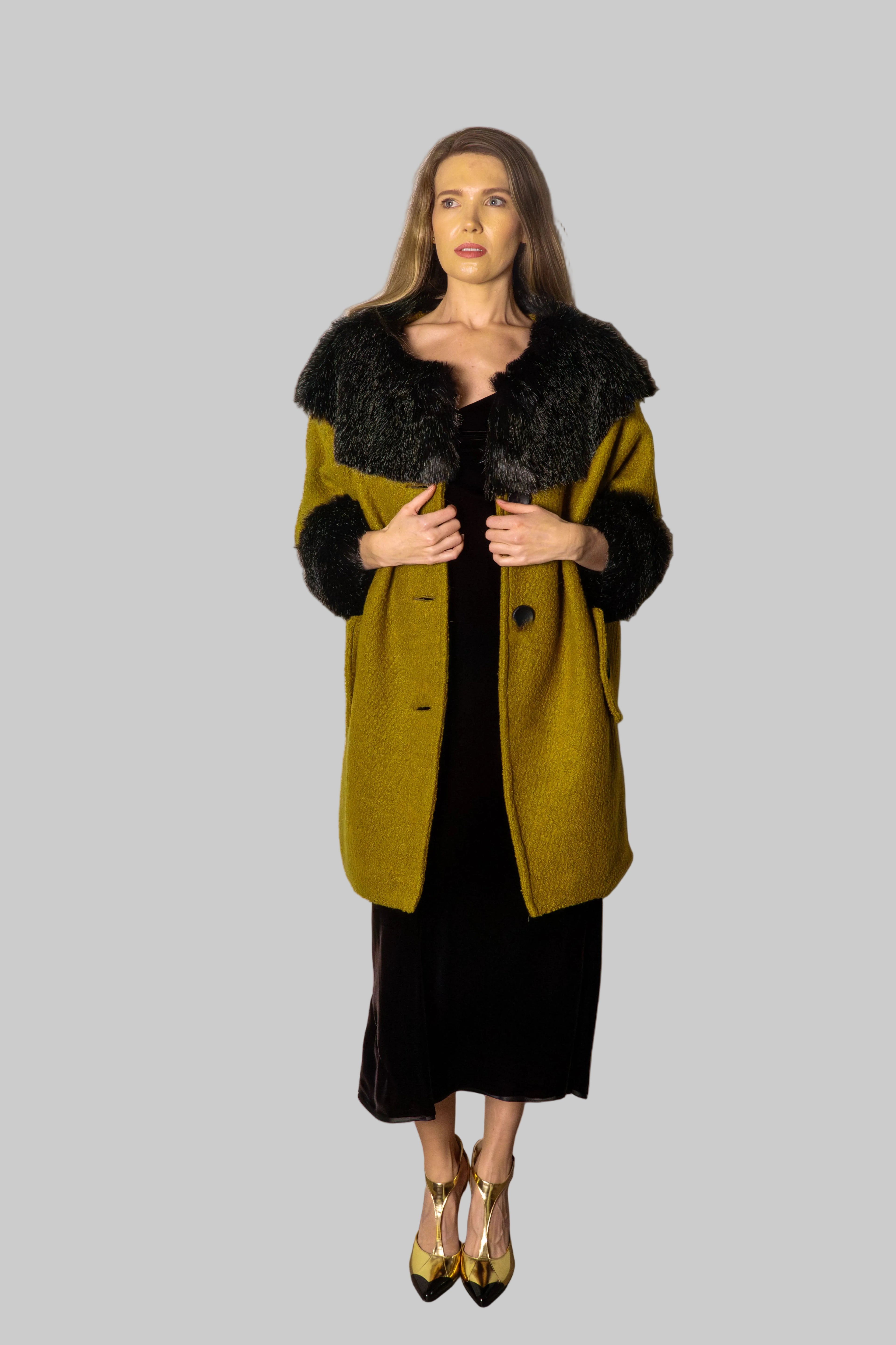 Anna Fur Trim Coat Chartreuse