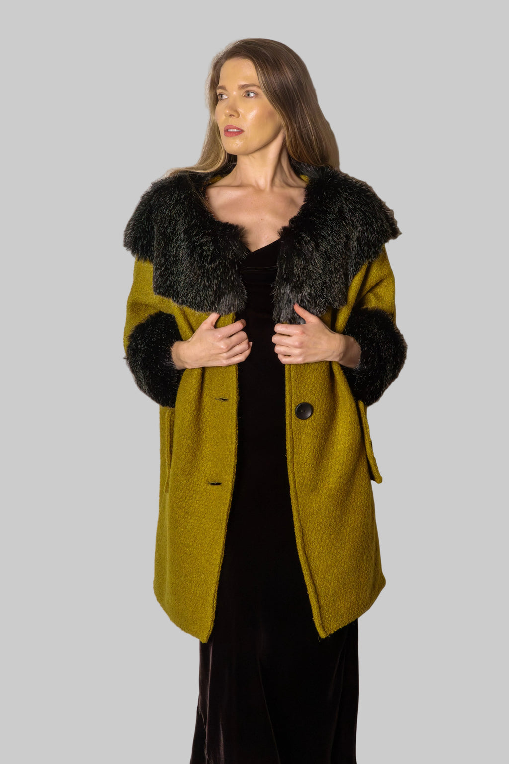 Anna Fur Trim Coat Chartreuse