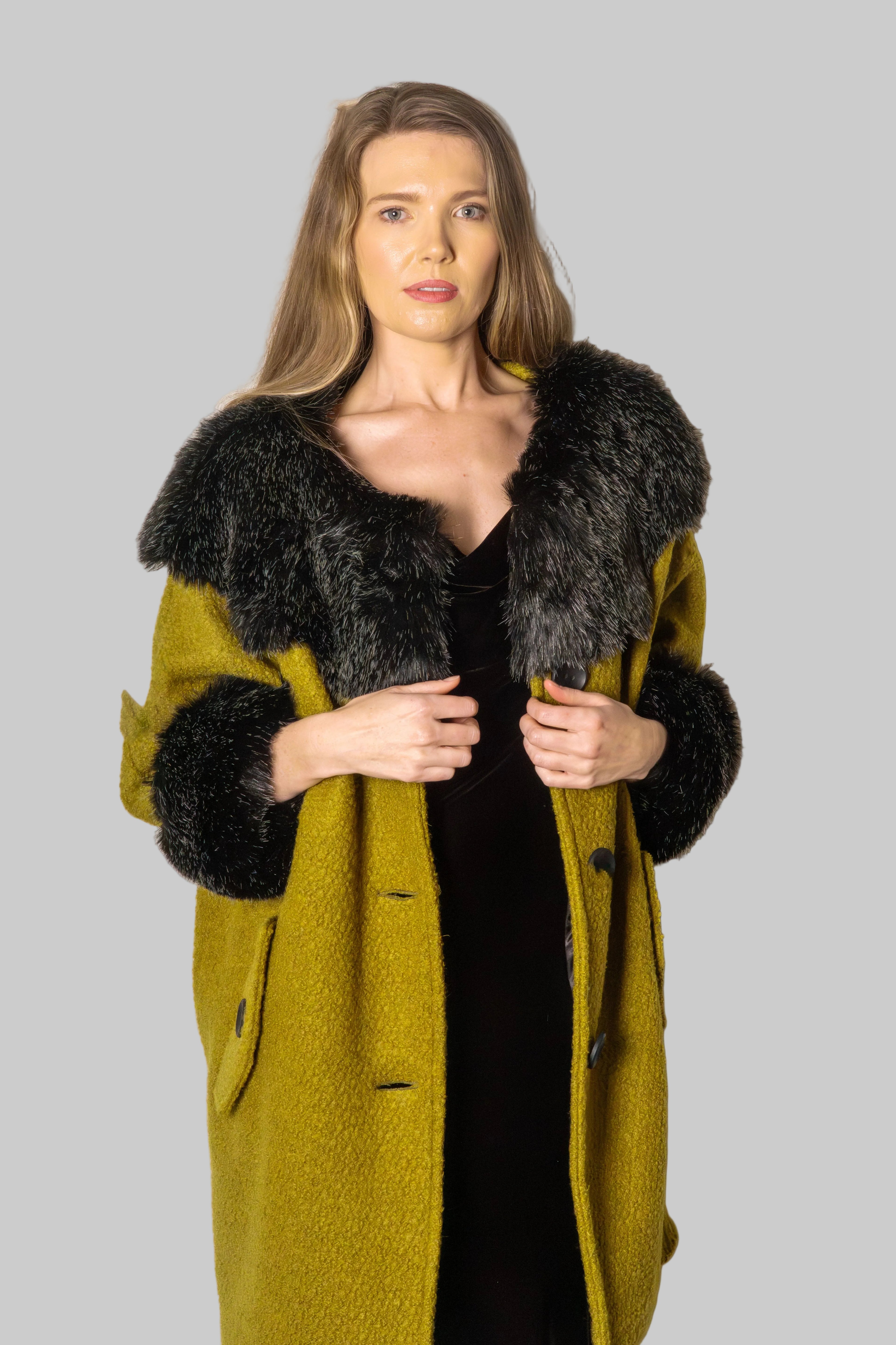 Anna Fur Trim Coat Chartreuse