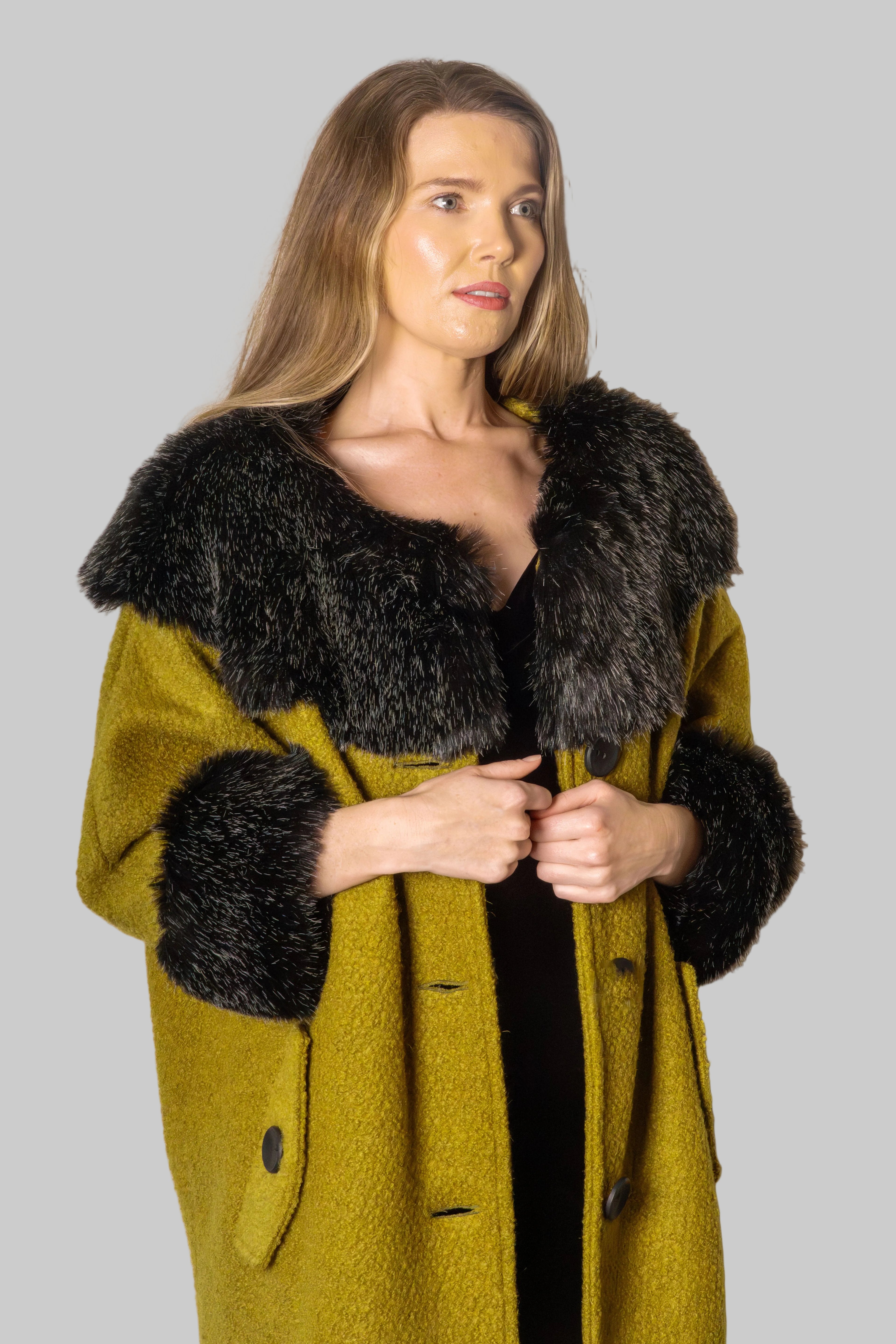 Anna Fur Trim Coat Chartreuse