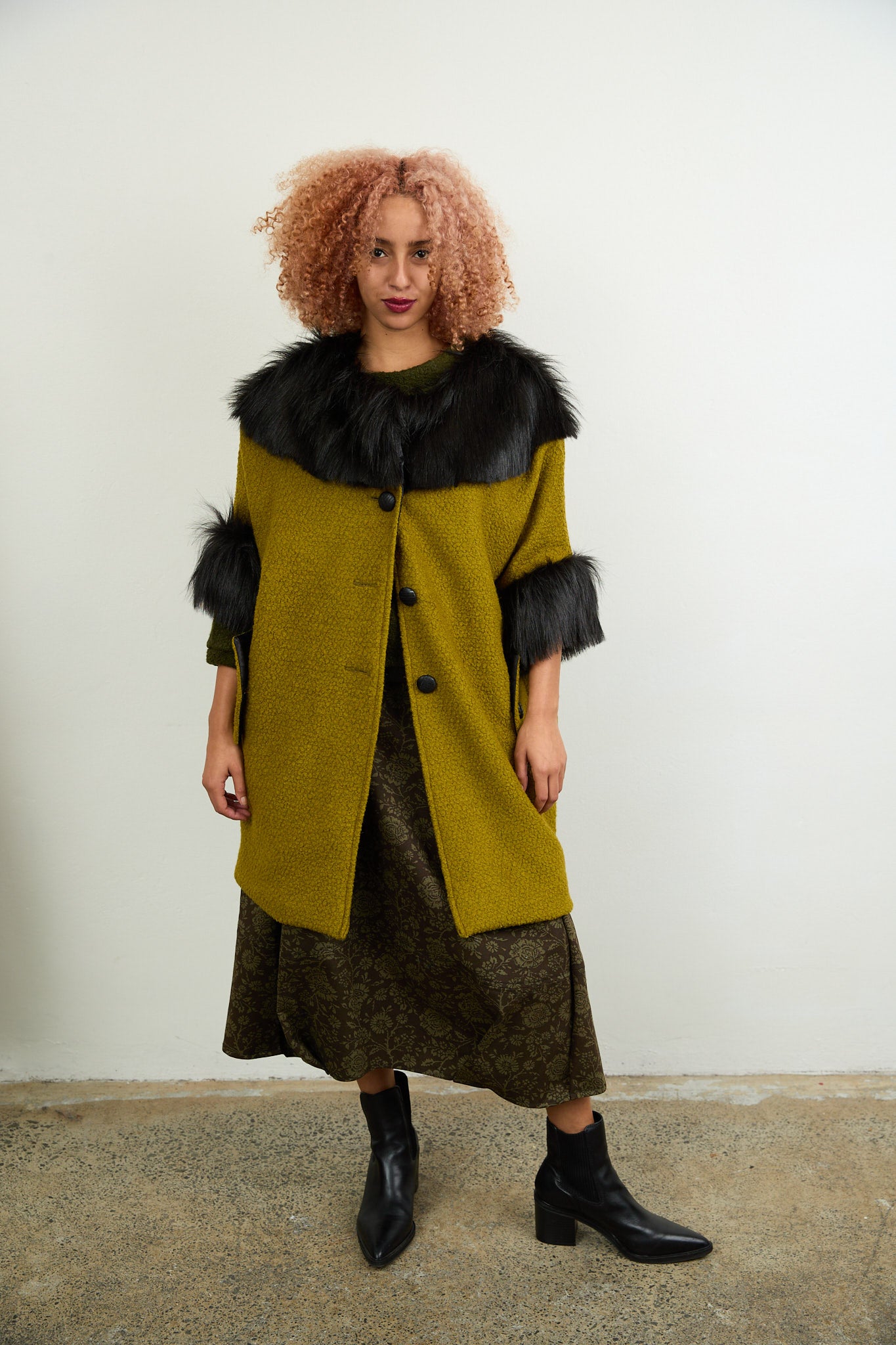 Anna Fur Trim Coat Chartreuse