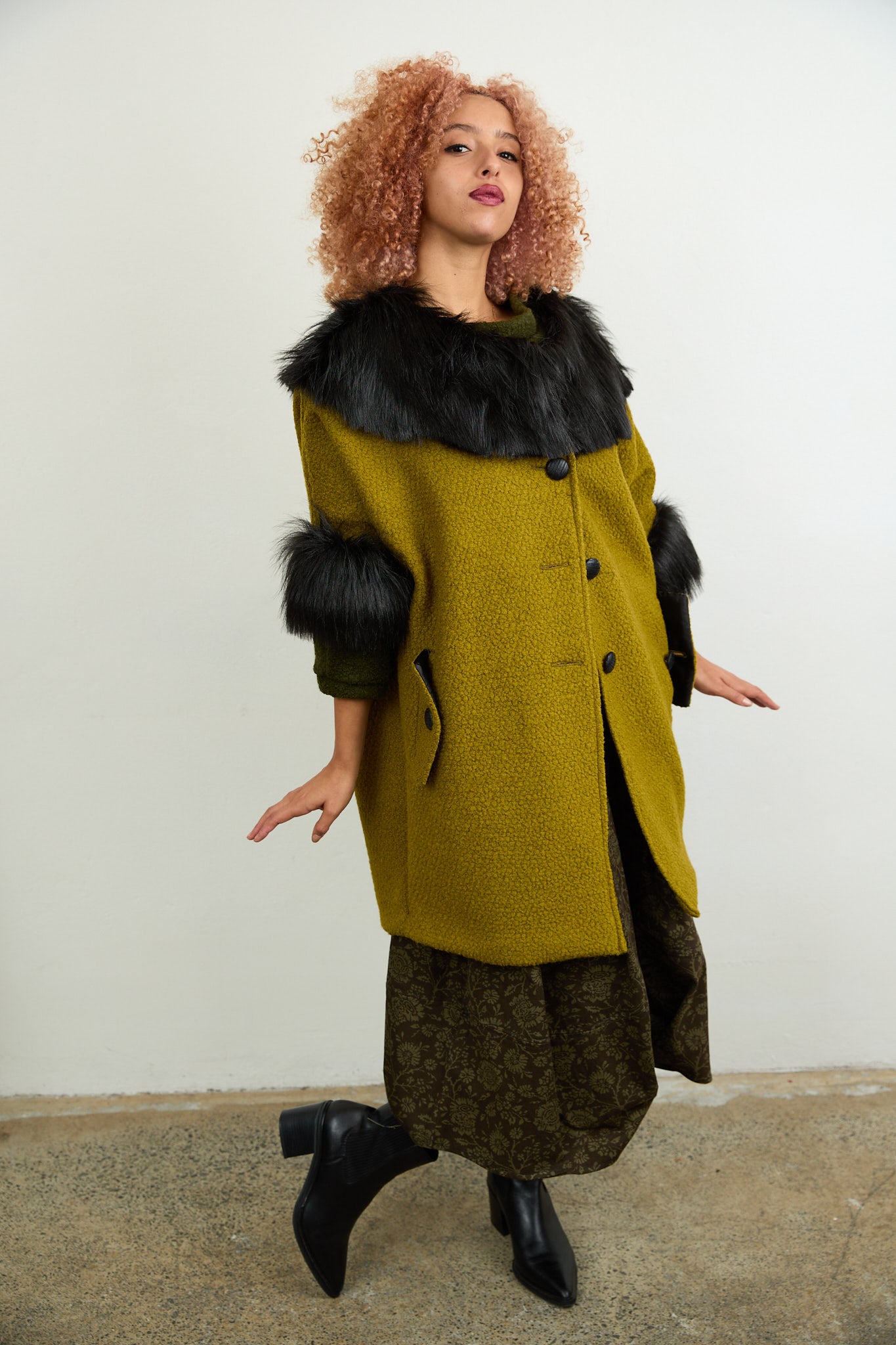 Anna Fur Trim Coat Chartreuse
