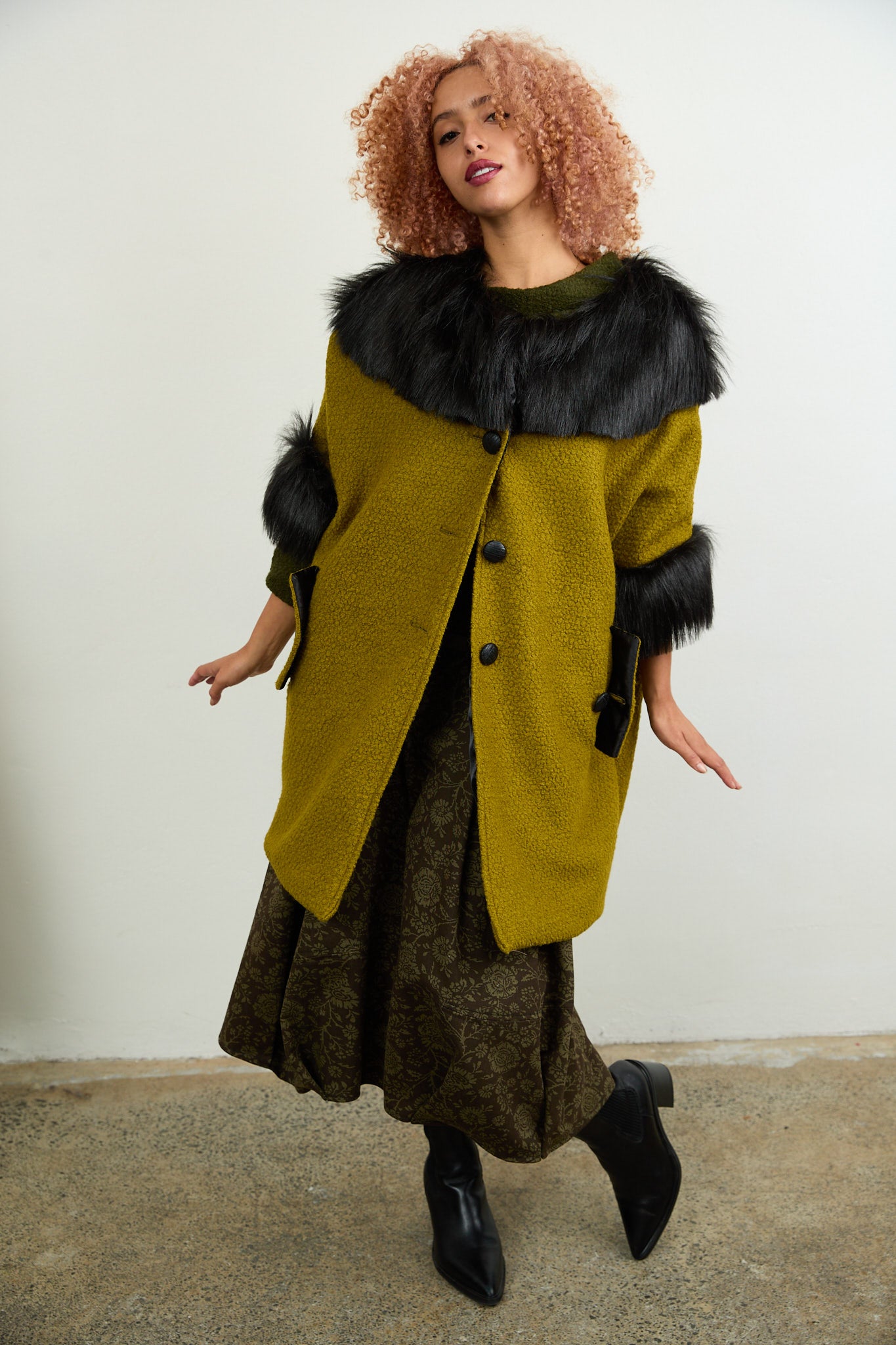 Anna Fur Trim Coat Chartreuse