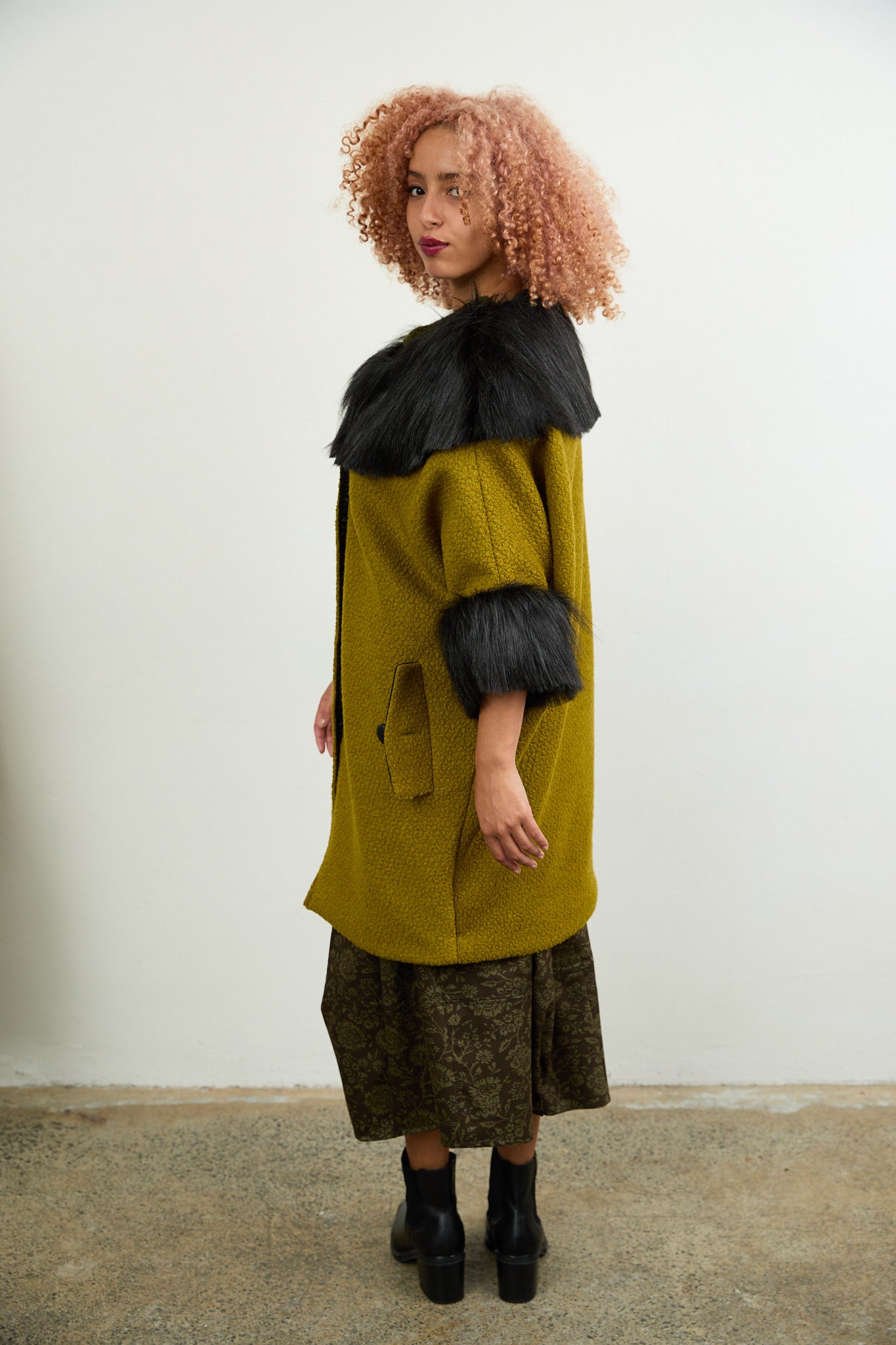 Anna Fur Trim Coat Chartreuse