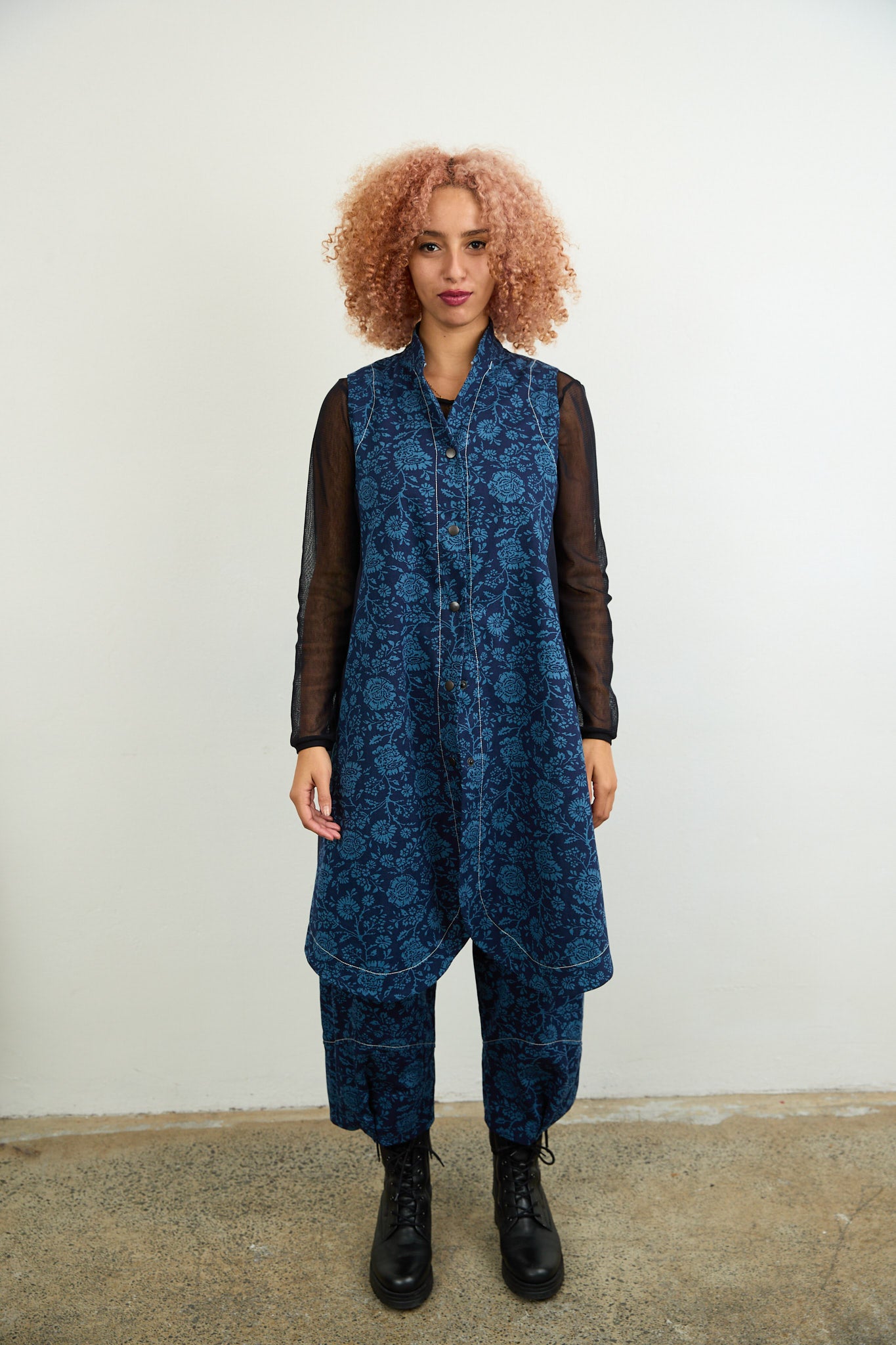 Long Gilet Blue Printed Drill