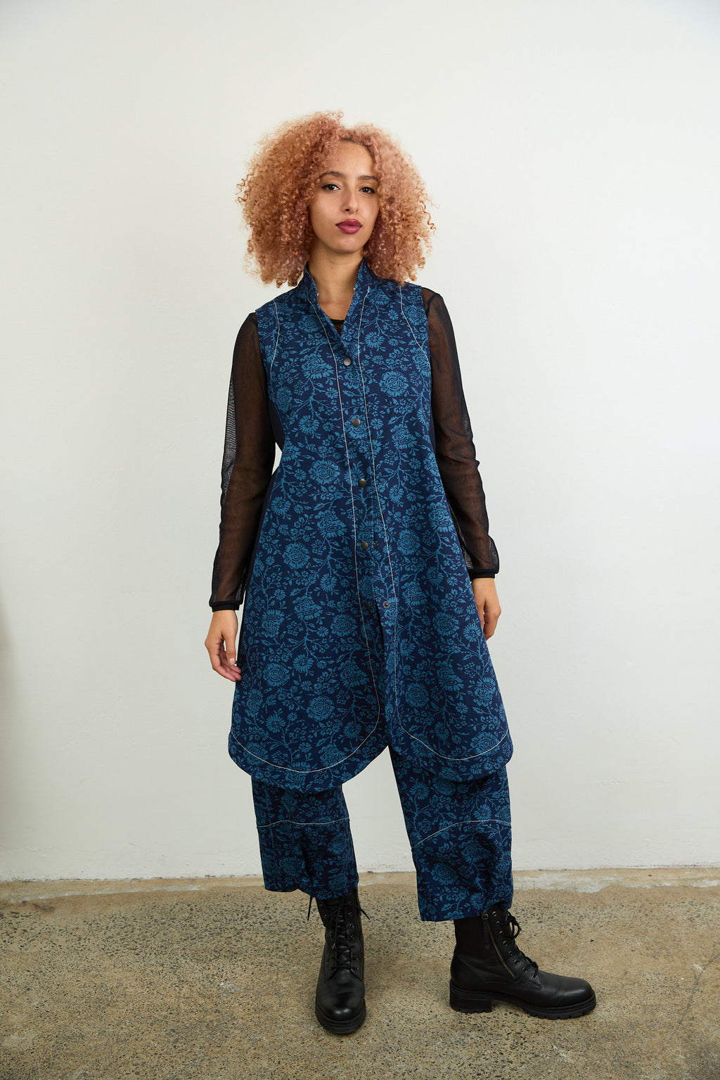 Long Gilet Blue Printed Drill