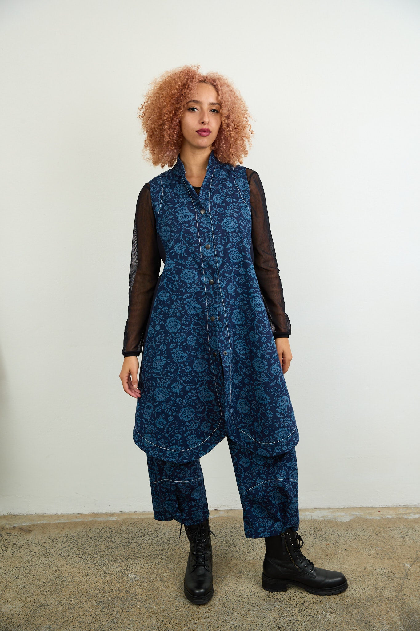 Long Gilet Blue Printed Drill