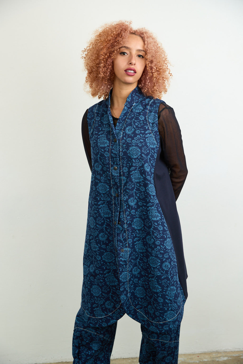 Long Gilet Blue Printed Drill