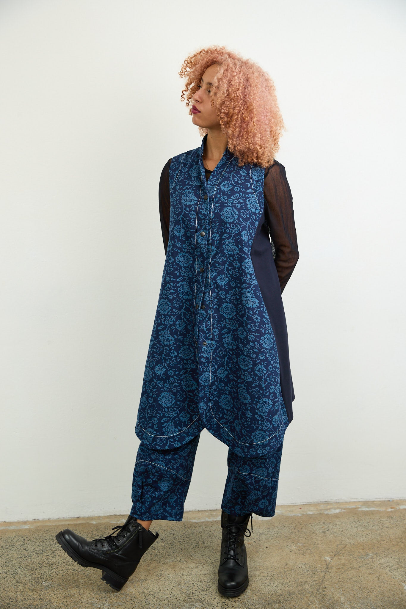 Long Gilet Blue Printed Drill