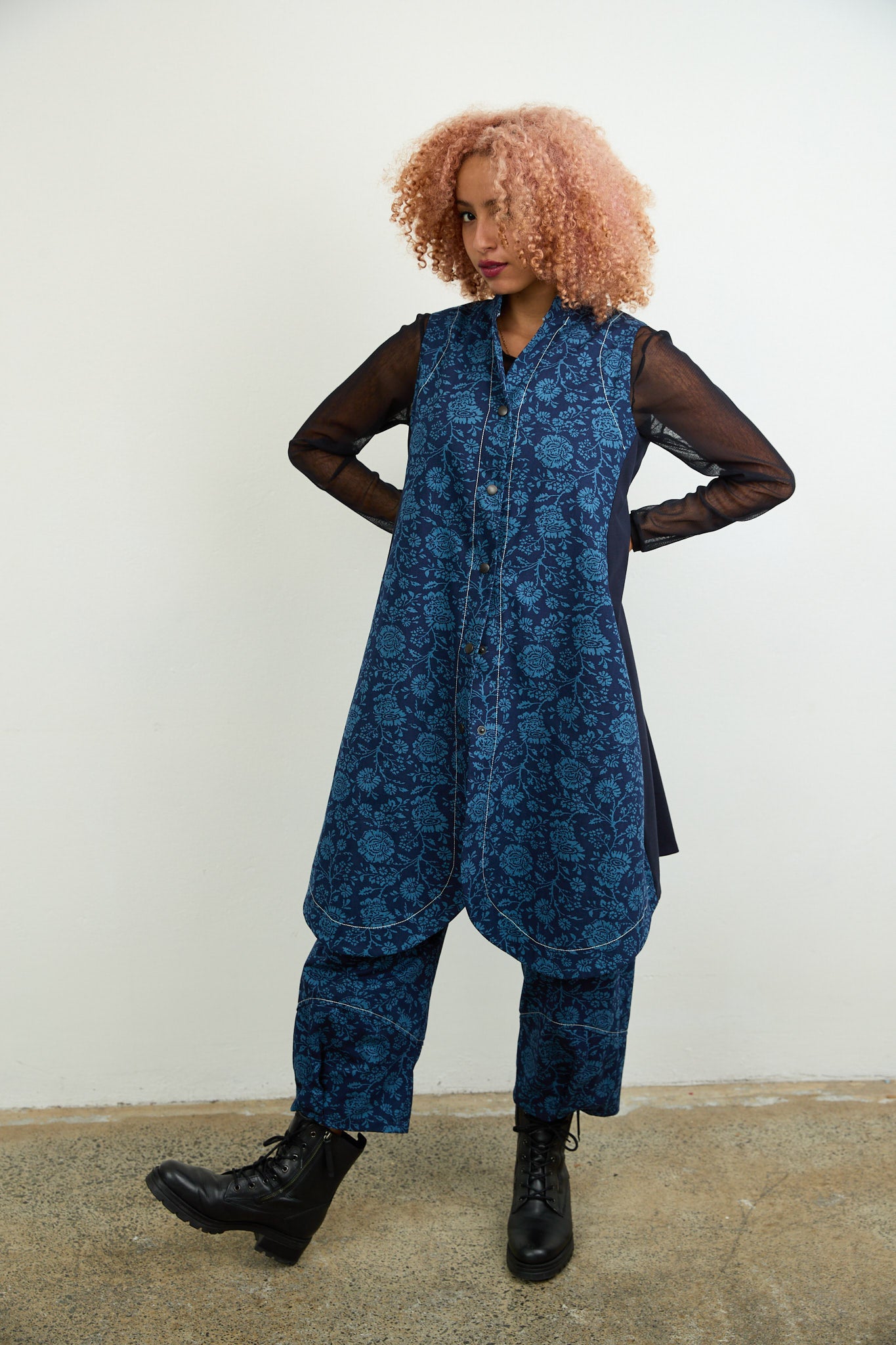 Long Gilet Blue Printed Drill