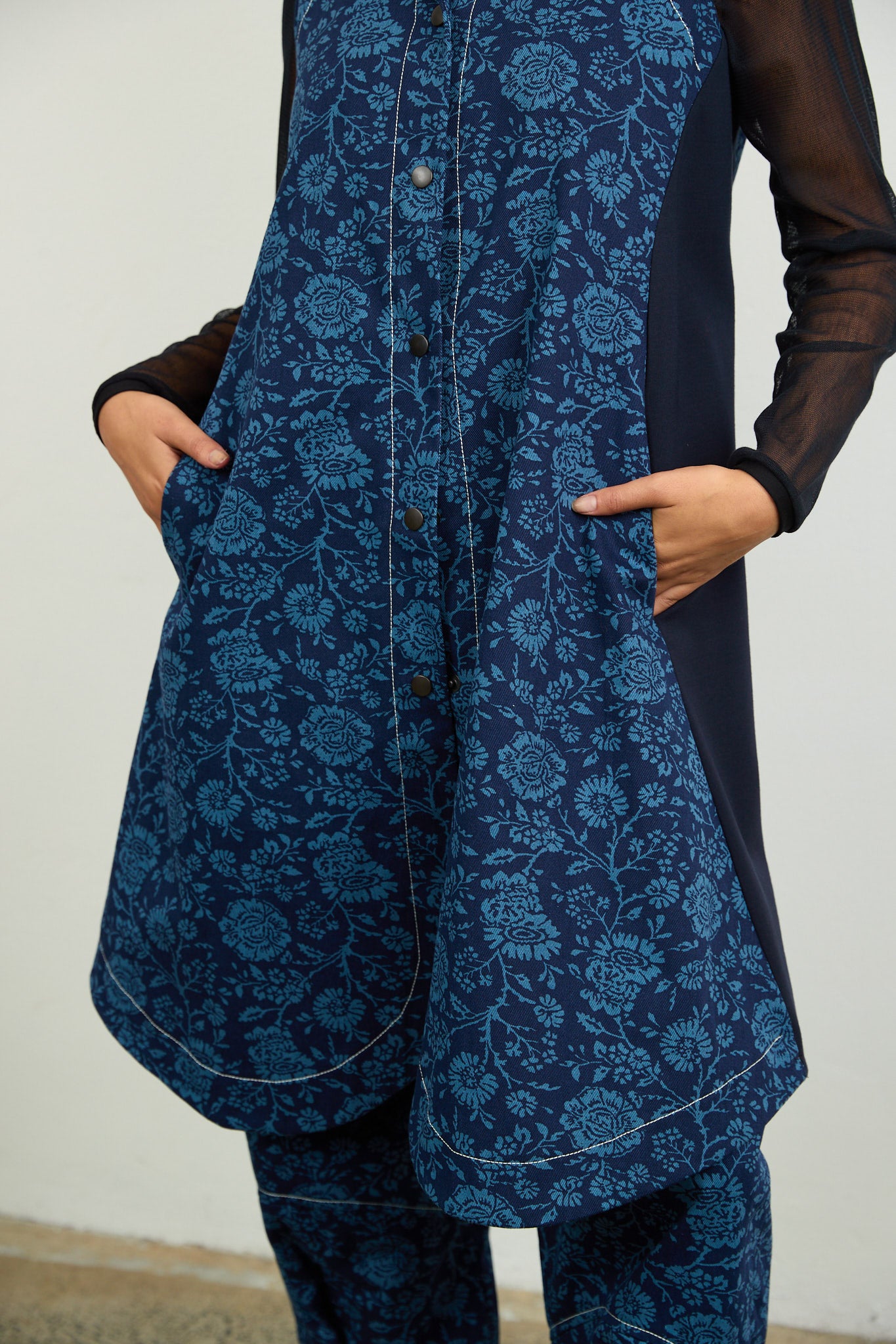 Long Gilet Blue Printed Drill