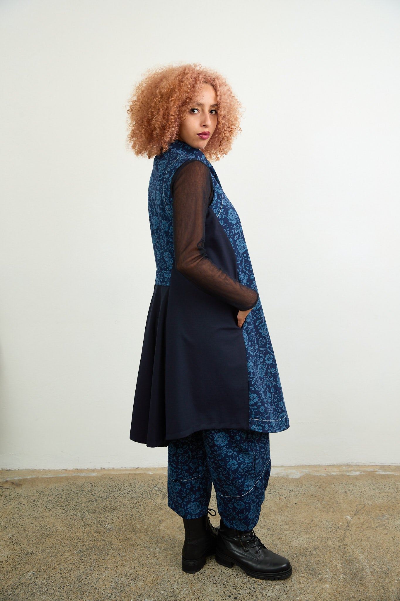 Long Gilet Blue Printed Drill