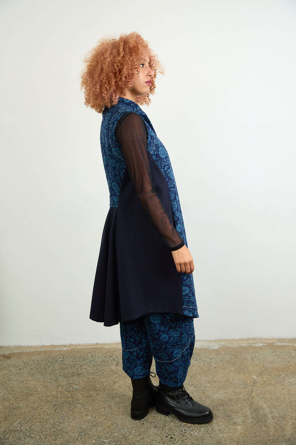 Long Gilet Blue Printed Drill