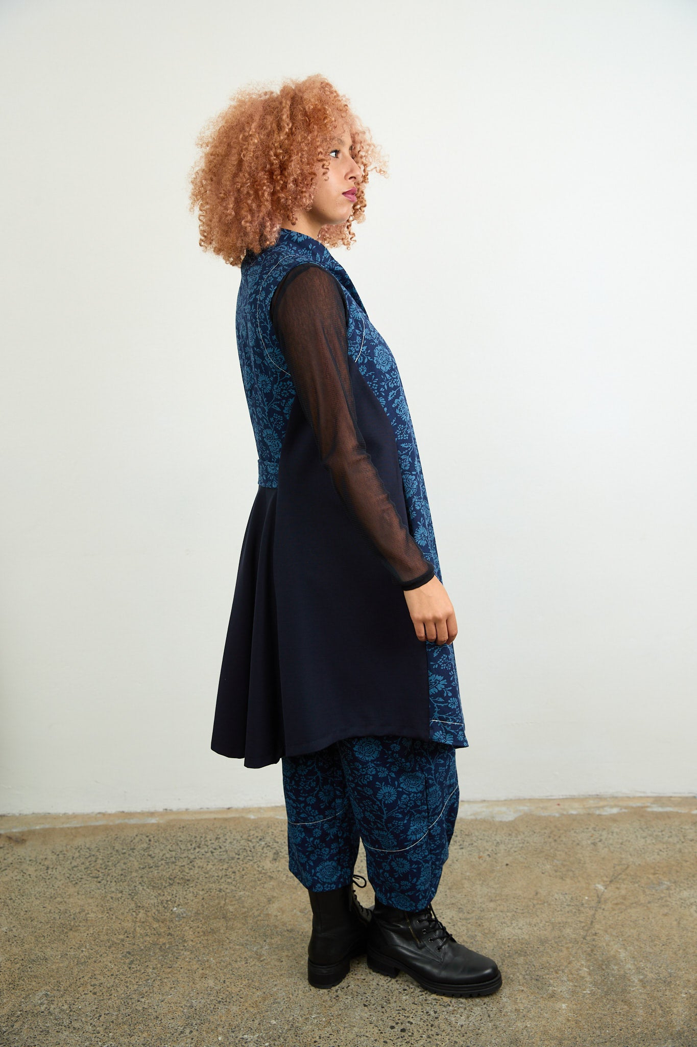 Long Gilet Blue Printed Drill