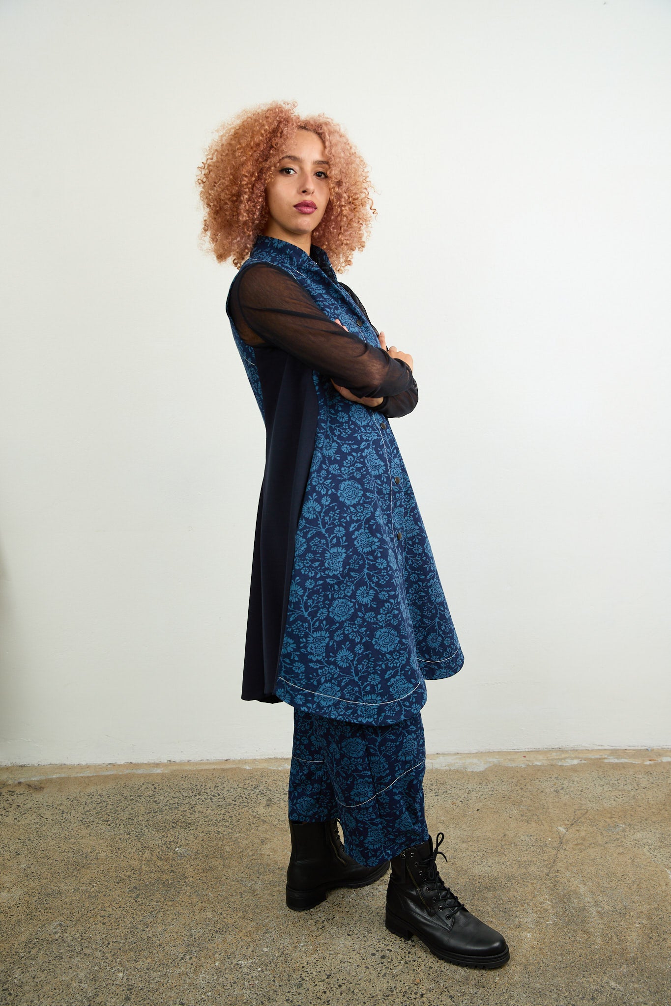 Long Gilet Blue Printed Drill