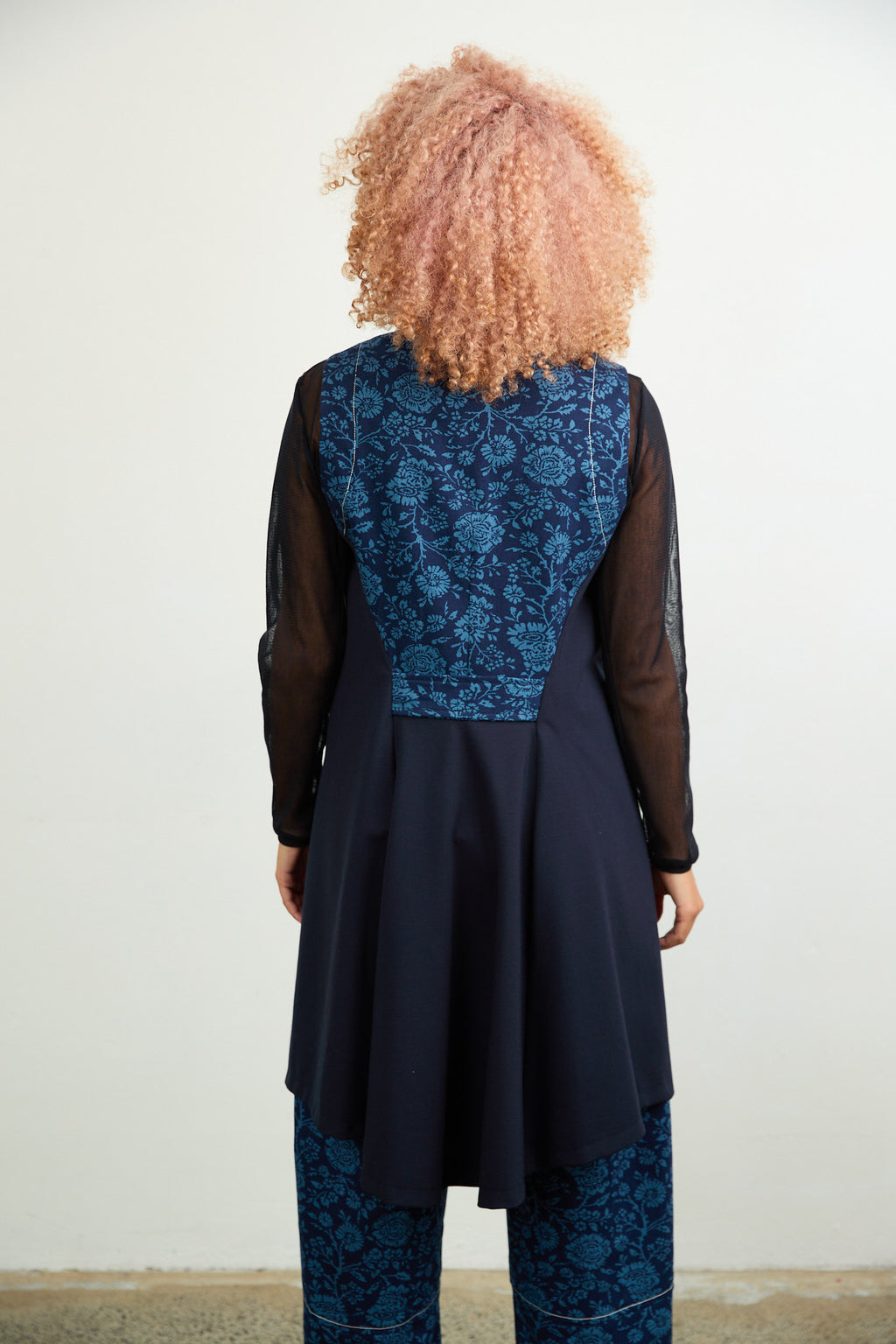 Long Gilet Blue Printed Drill