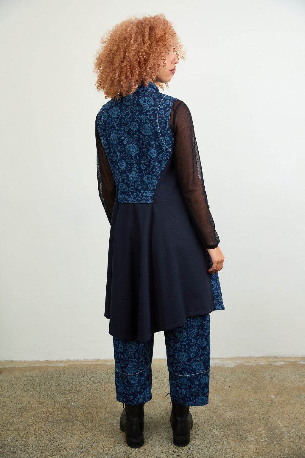 Long Gilet Blue Printed Drill