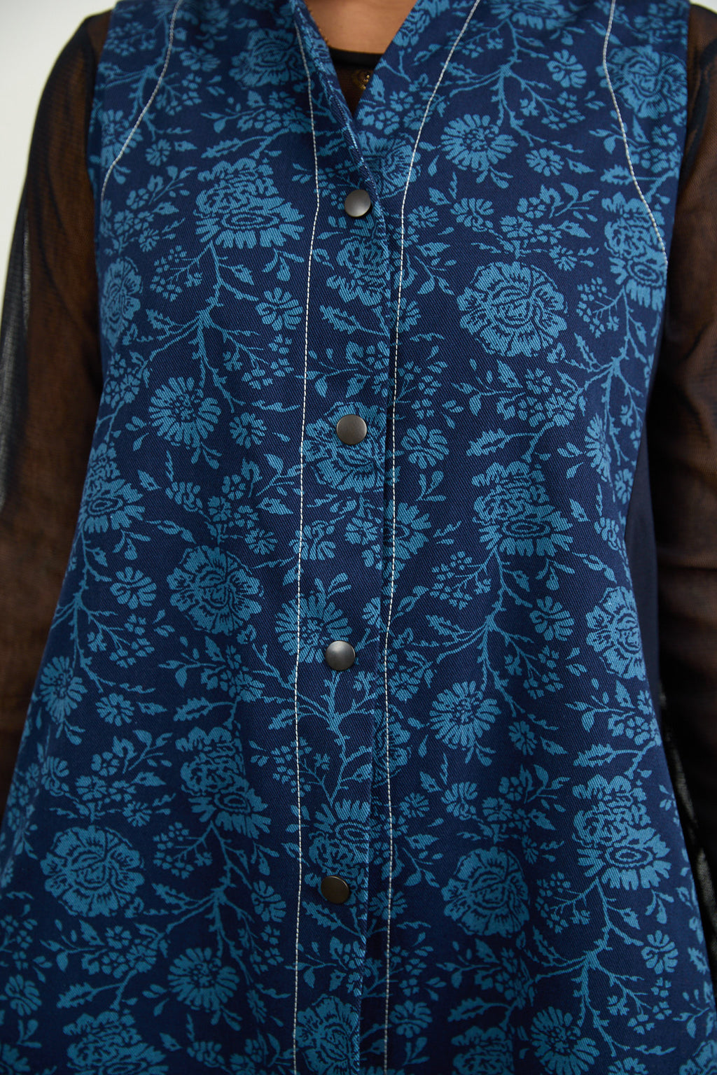 Long Gilet Blue Printed Drill