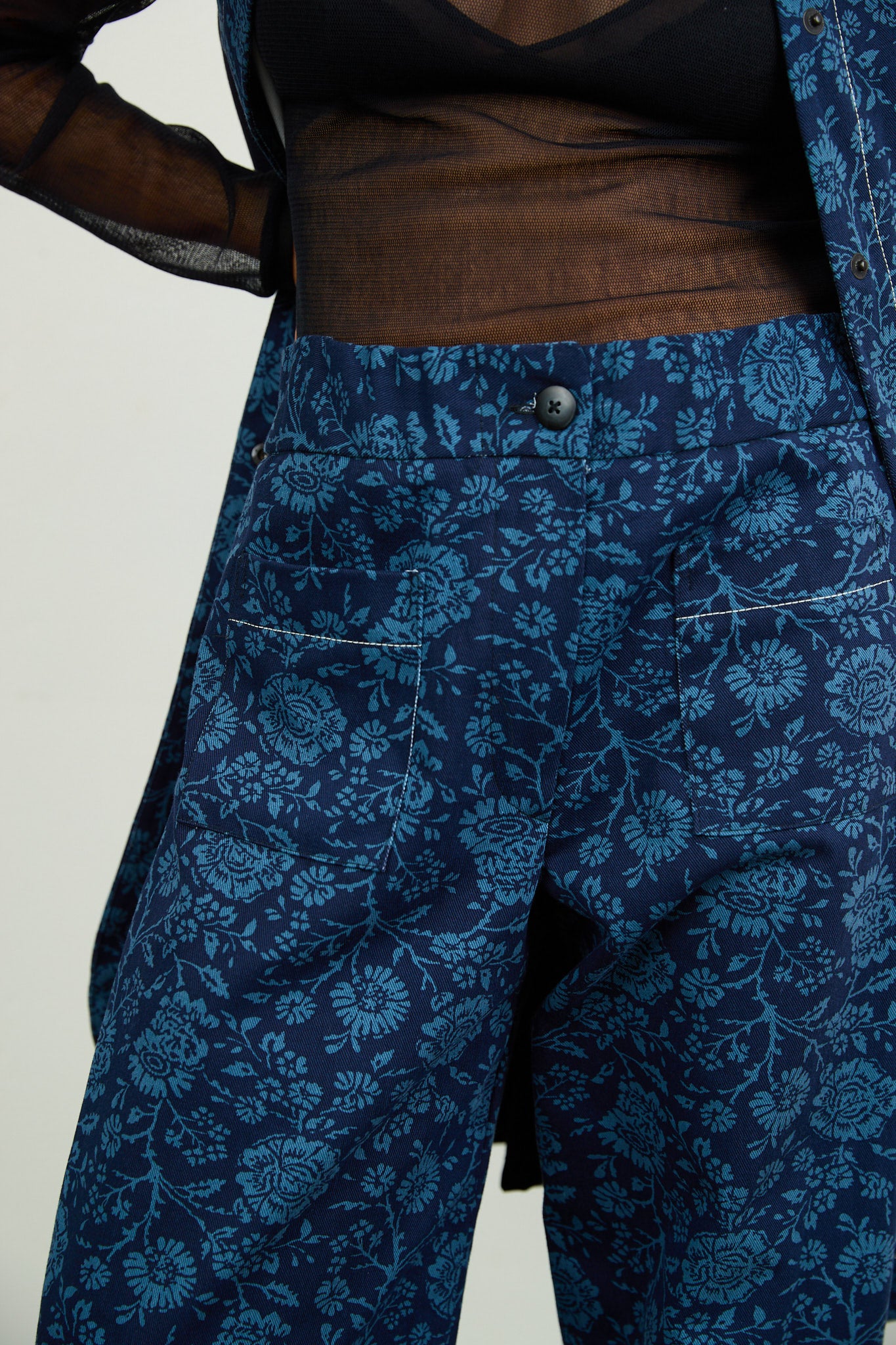 Long Gilet Blue Printed Drill