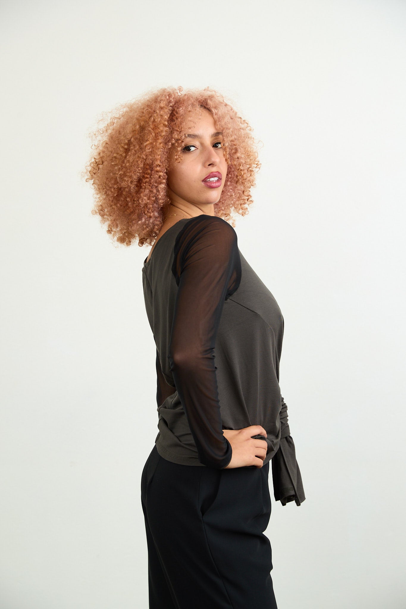 Tokyo mesh sleeve top Khaki