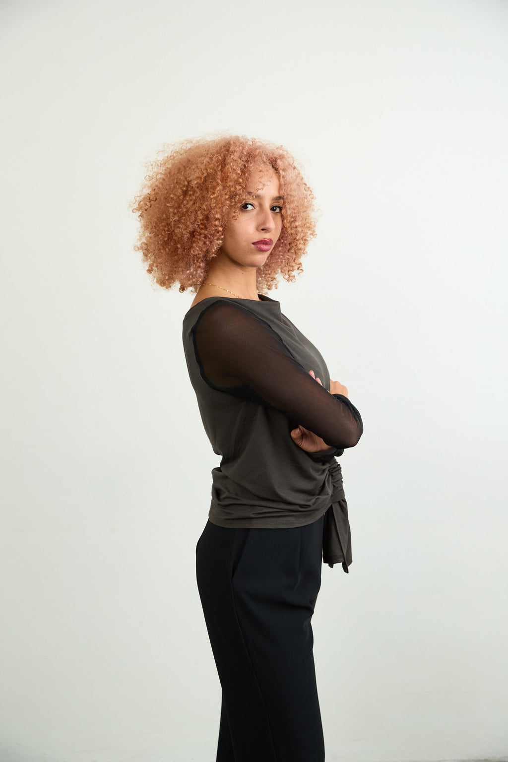 Tokyo mesh sleeve top Khaki