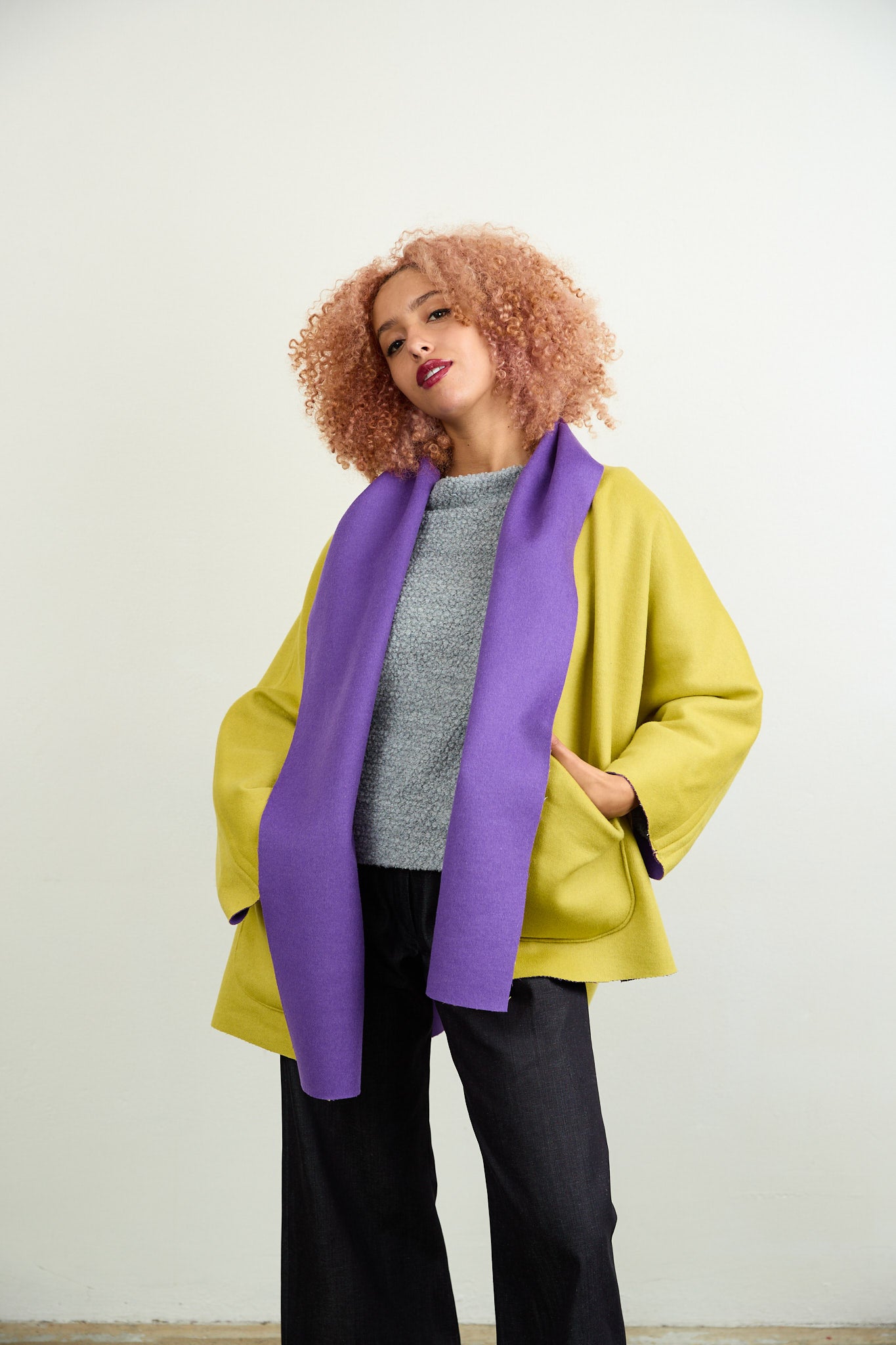 Rita Reversible Wool Coat Chartreuse/Purple